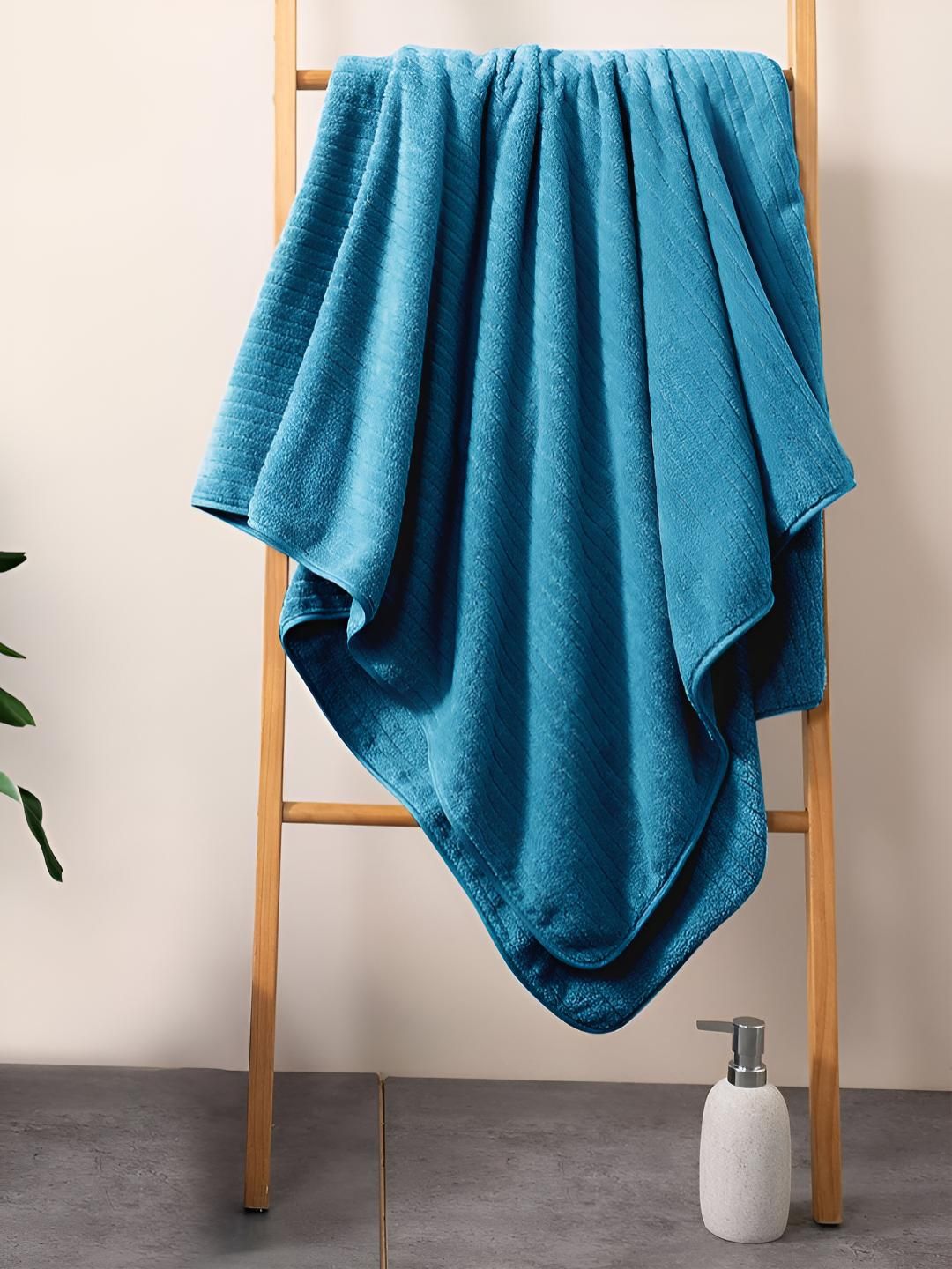 Story@home Blue Striped Microfiber 400 GSM Bath Towel