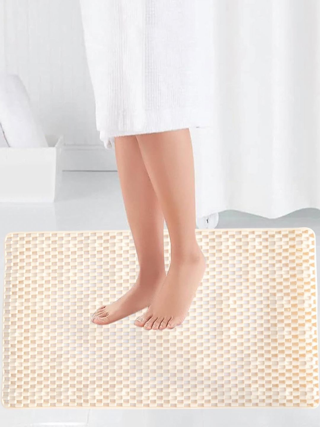 HomeCloud Cream-Colored Textured 110 GSM Non-Slip Bath Rug