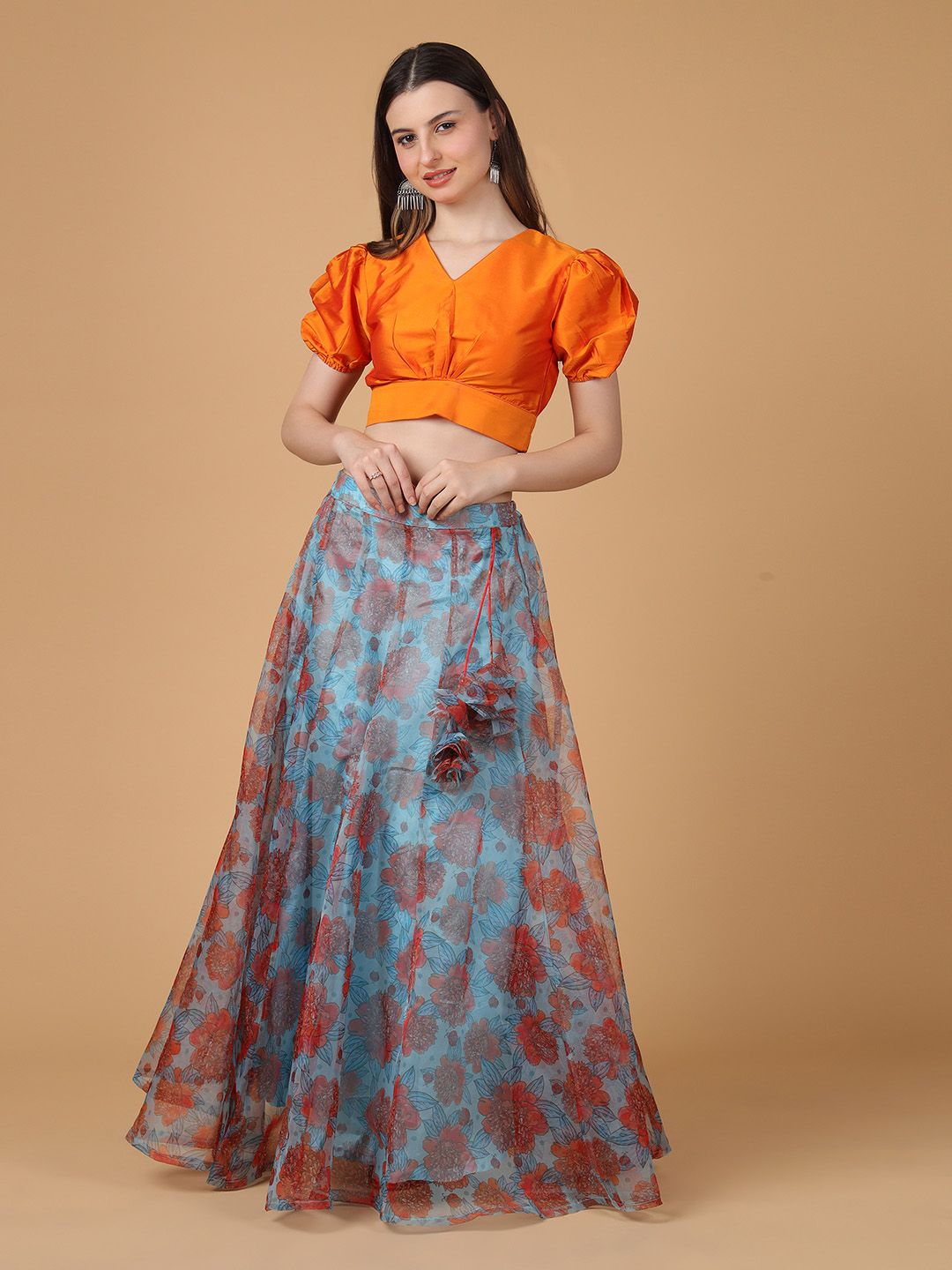 Frolic Rolic Silk V Neck Blouse & Floral Print Sky Organza Maxi Skirt Set