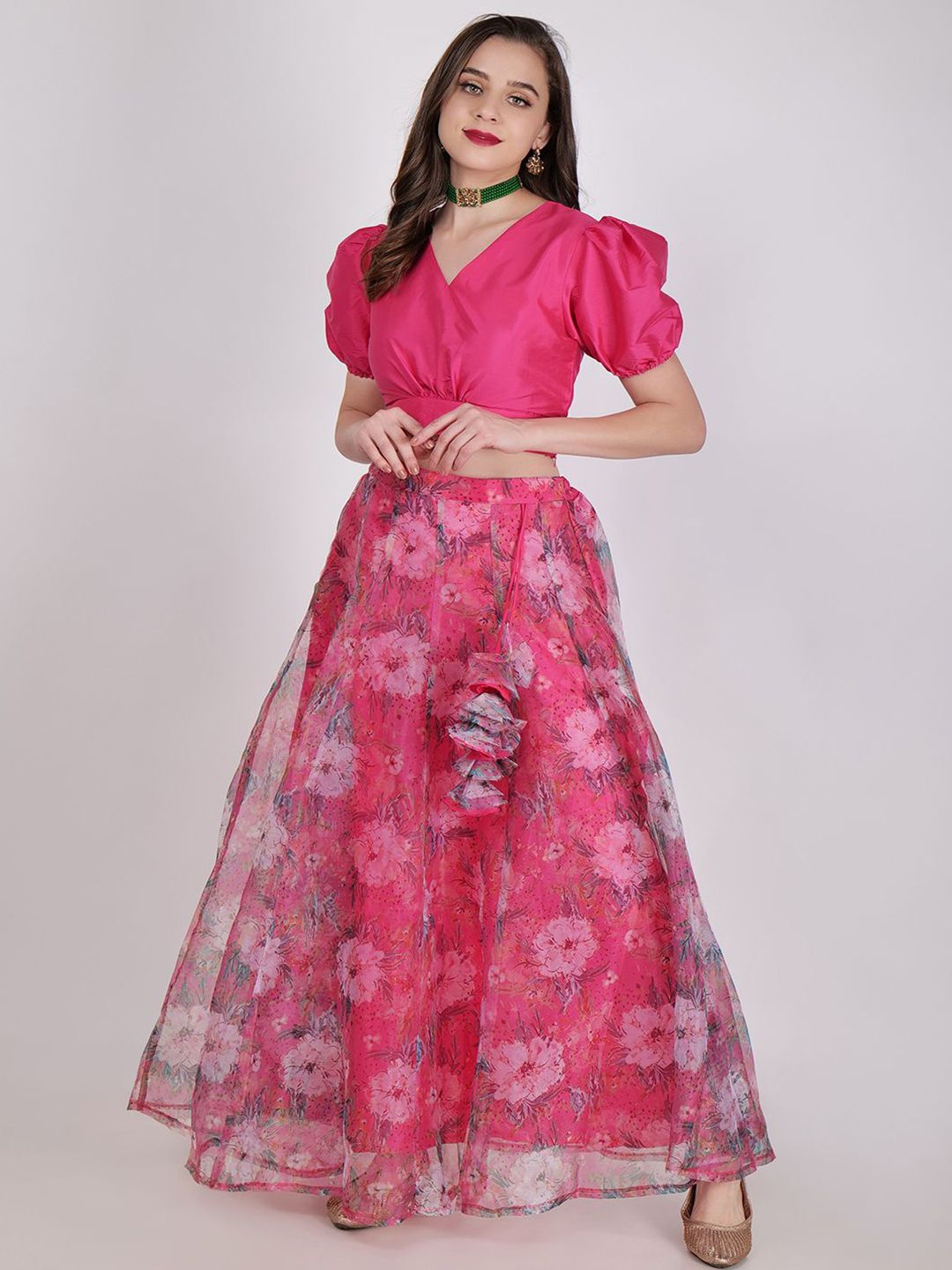Frolic Rolic Silk V Neck Blouse & Floral Print Organza Maxi Skirt Set