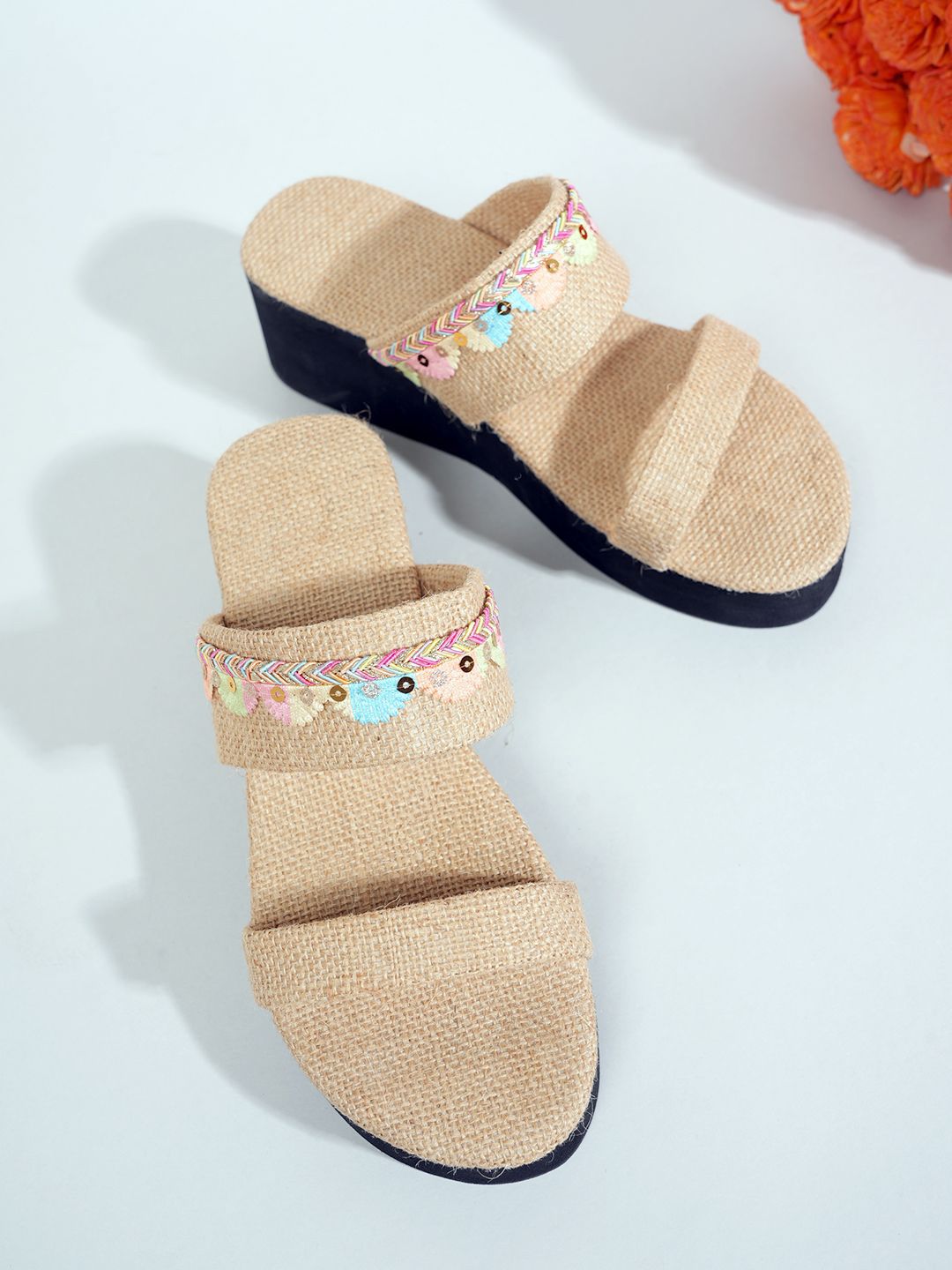 Walkfree Embellished Textured Two Strap Wedges Sandals