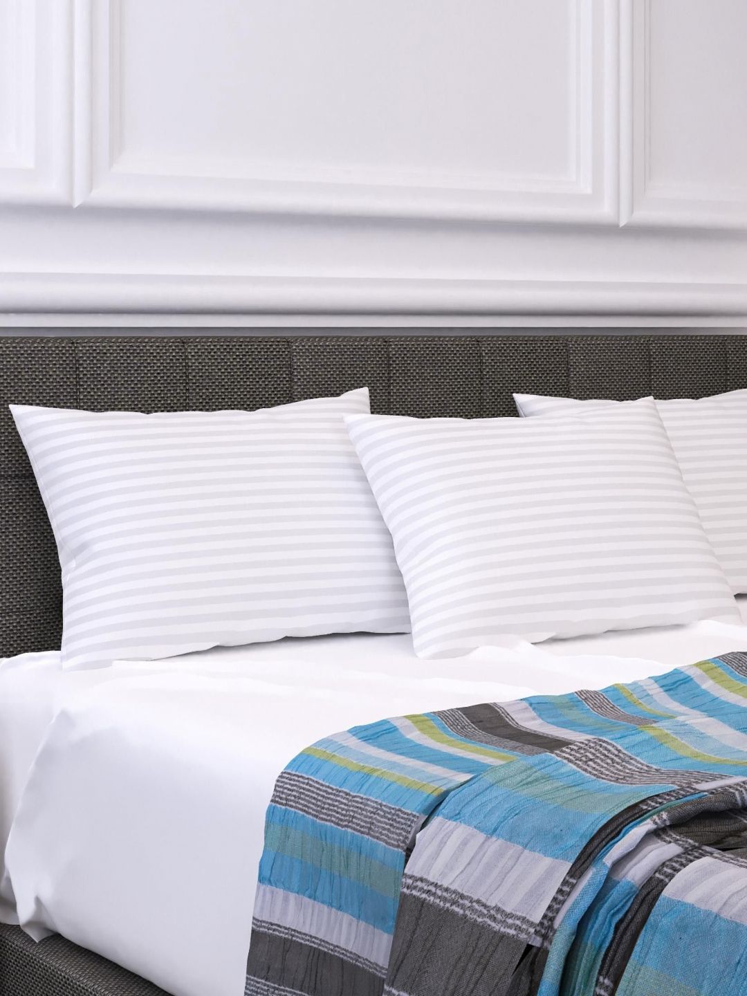 LA VERNE LA VERNE White Striped Polycotton Ultra Soft Set of 3 Ultra Soft Fibre Sleep Pillow-42 x 68 x 10 cm
