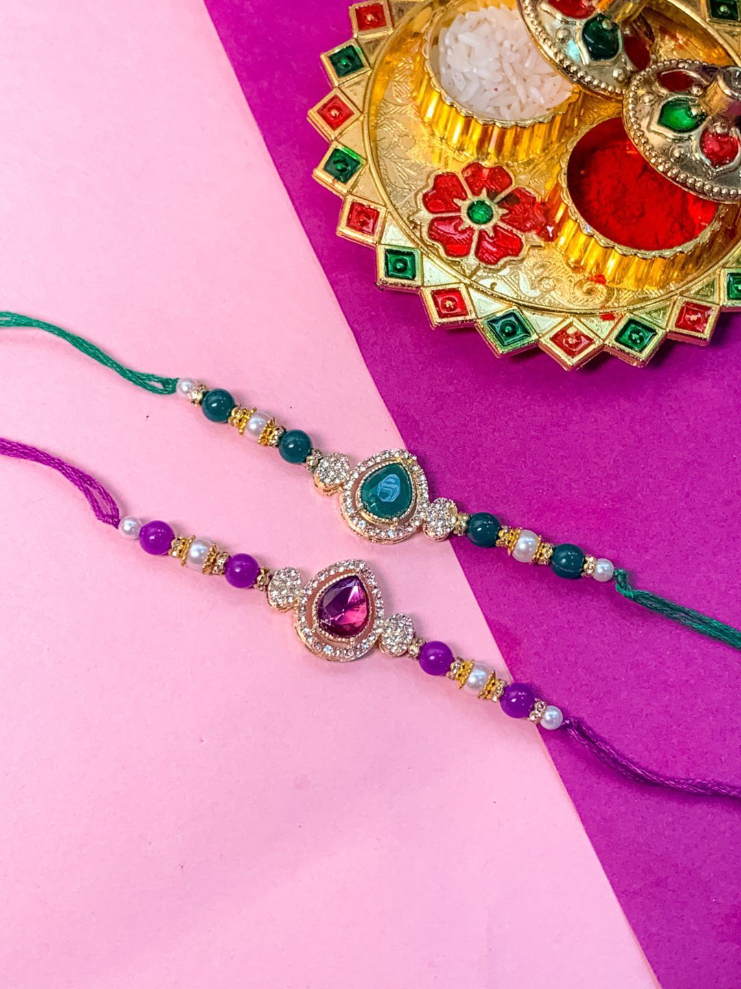 I Jewels Set Of 2 Embellished Rakhi With Roli Chawal & Card