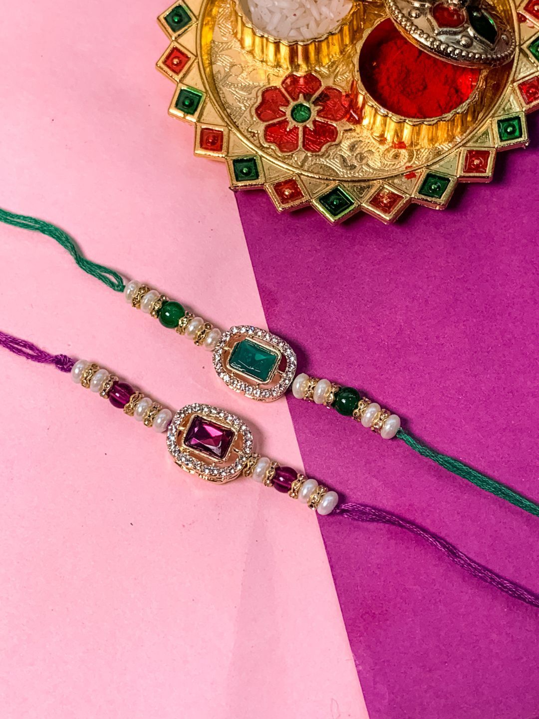 I Jewels Set Of 2 Embellished Rakhi With Roli Chawal & Card