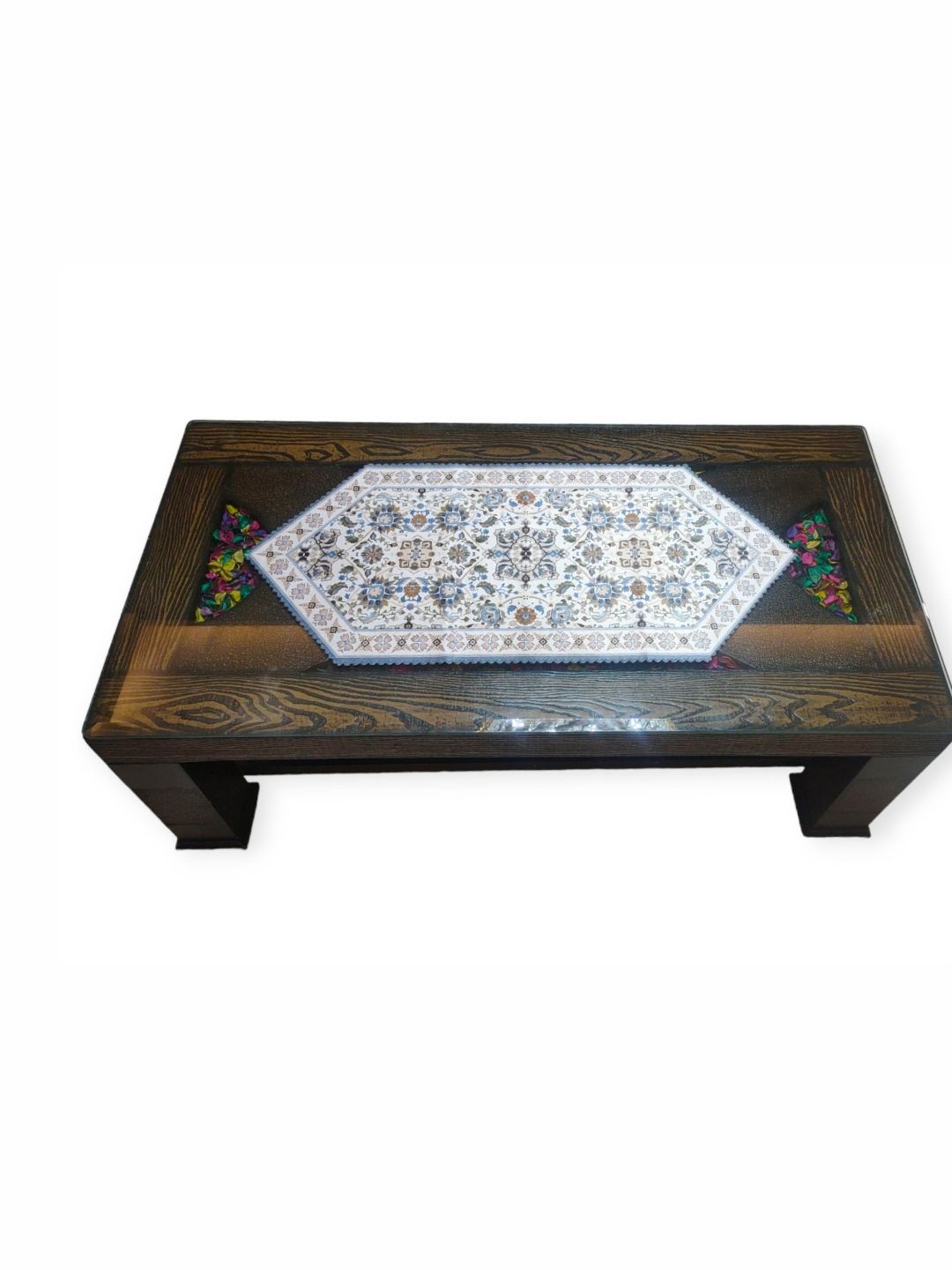 MONKDECOR Blue & Off White Floral Printed Velvet Table Runner