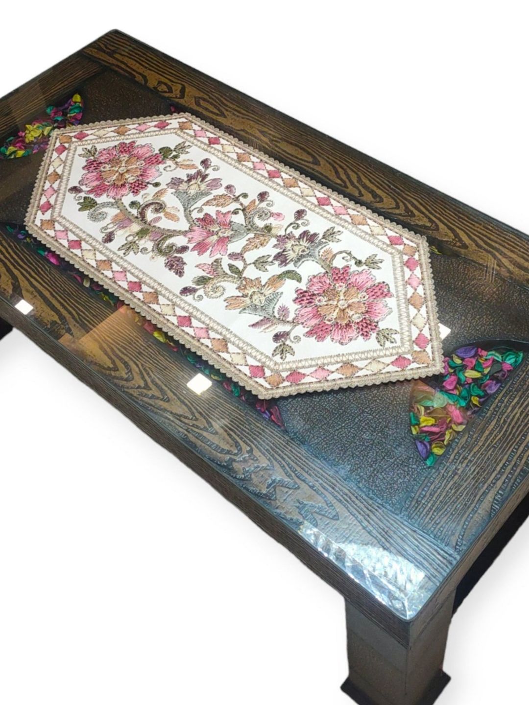 MONKDECOR Cream & Pink Floral Printed Table Runner