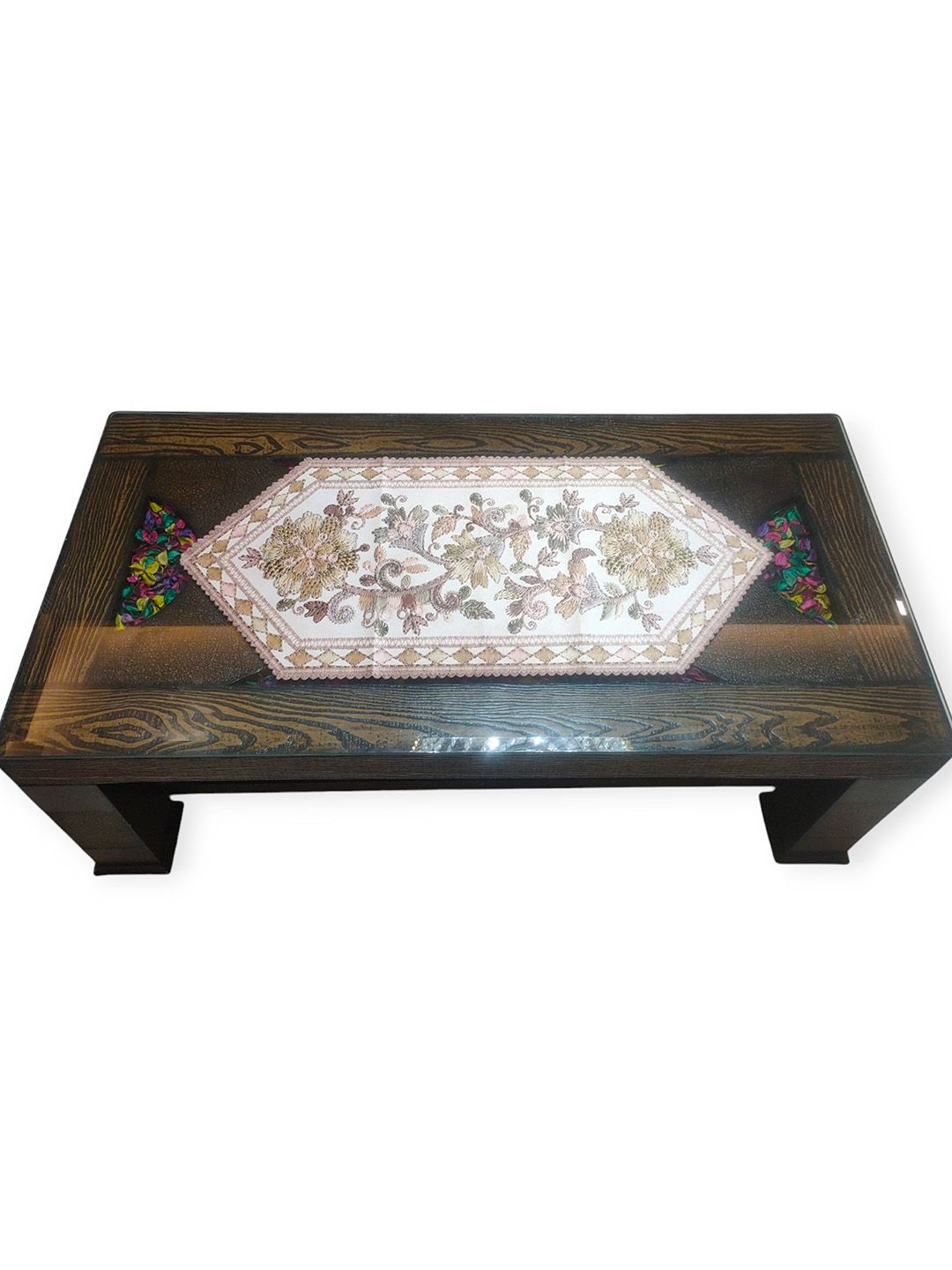 TANLOOMS Brown & Off White Floral Printed Velvet Table Runner