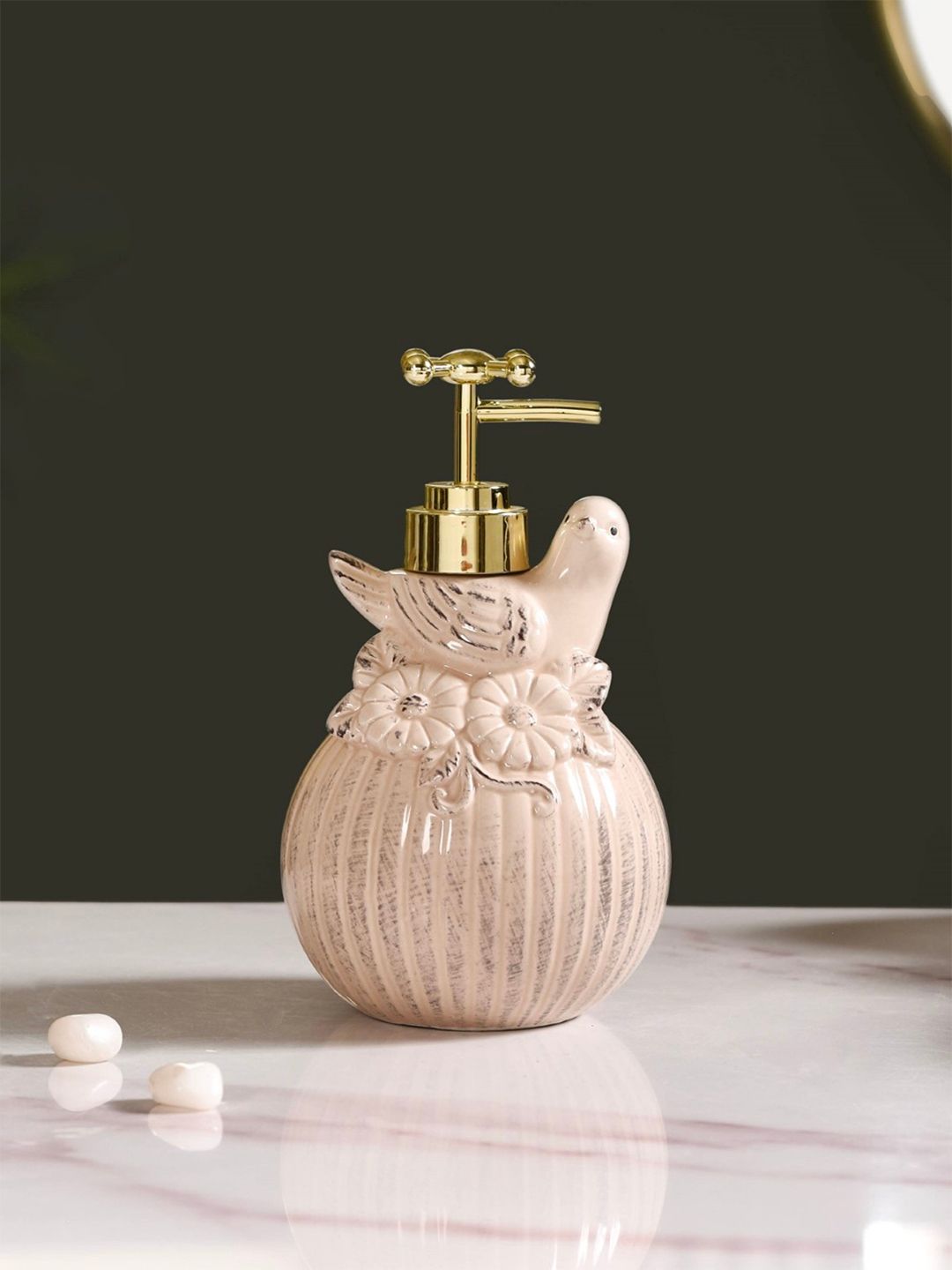 Nestasia Beige & Gold toned Textured Ceramic Soap Dispenser
