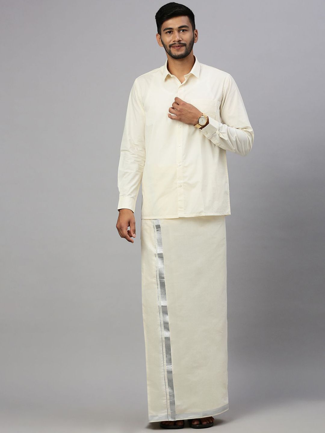 Ramraj Men Cotton Solid Silver Jari Border Double Layer Dhoti