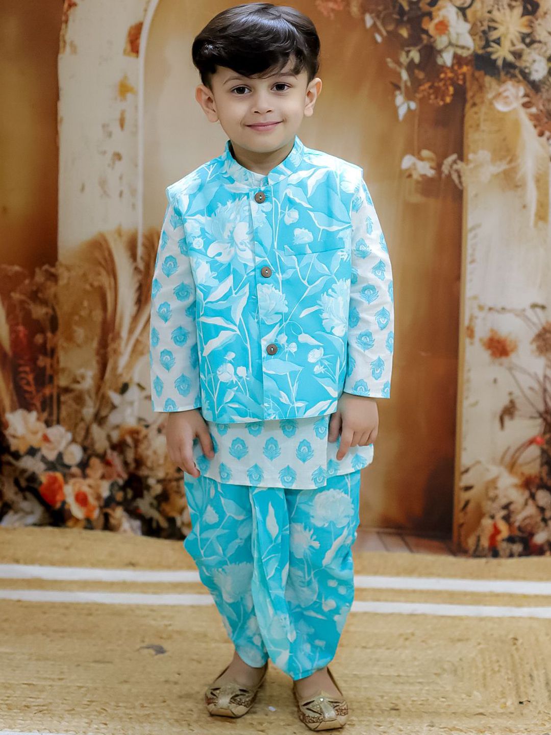 KID1 Boys Floral Printed Pure Cotton Straight Kurta With Dhoti Pants & Nehru jacket