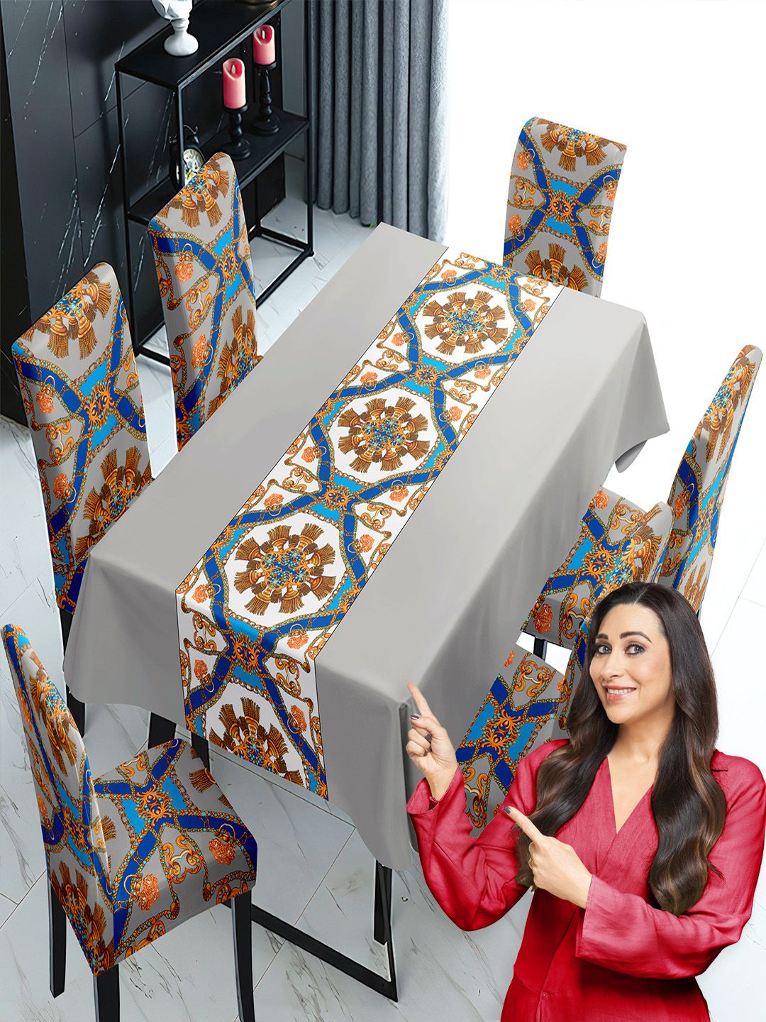 HOKIPO Grey & Blue 7 Pieces Printed Chair Covers With Table Cover
