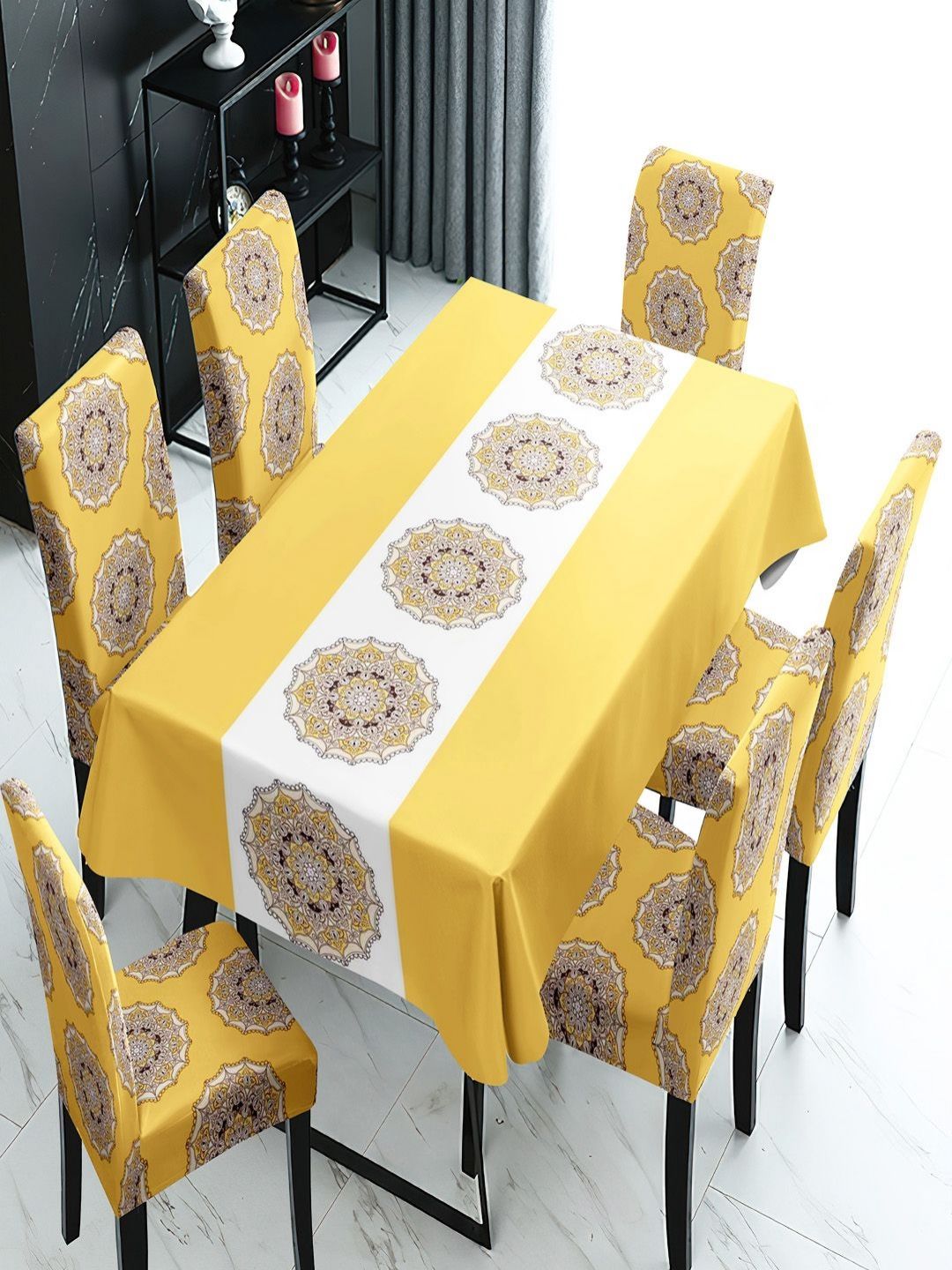 HOKIPO Yellow & White 7 Pieces Printed Chair Covers With Table Cloth