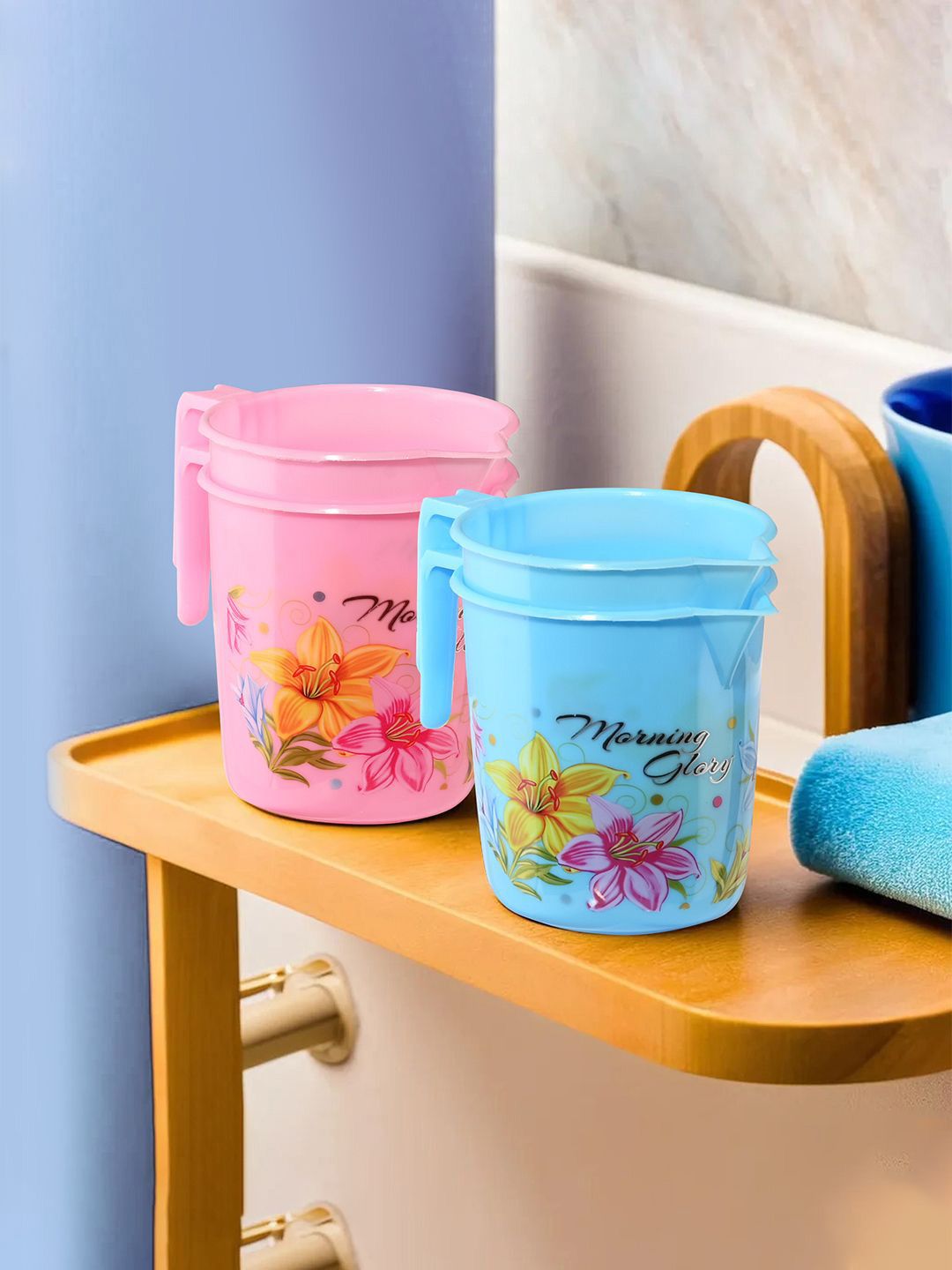 Kuber Industries Blue & Pink 4 Pieces Floral Printed Bathroom Mugs