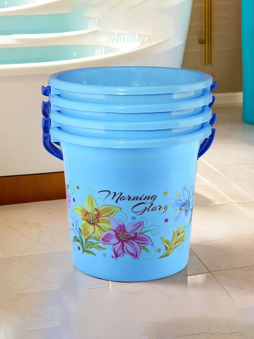 Kuber Industries Blue & Yellow 4 Pieces Floral Printed Water Buckets