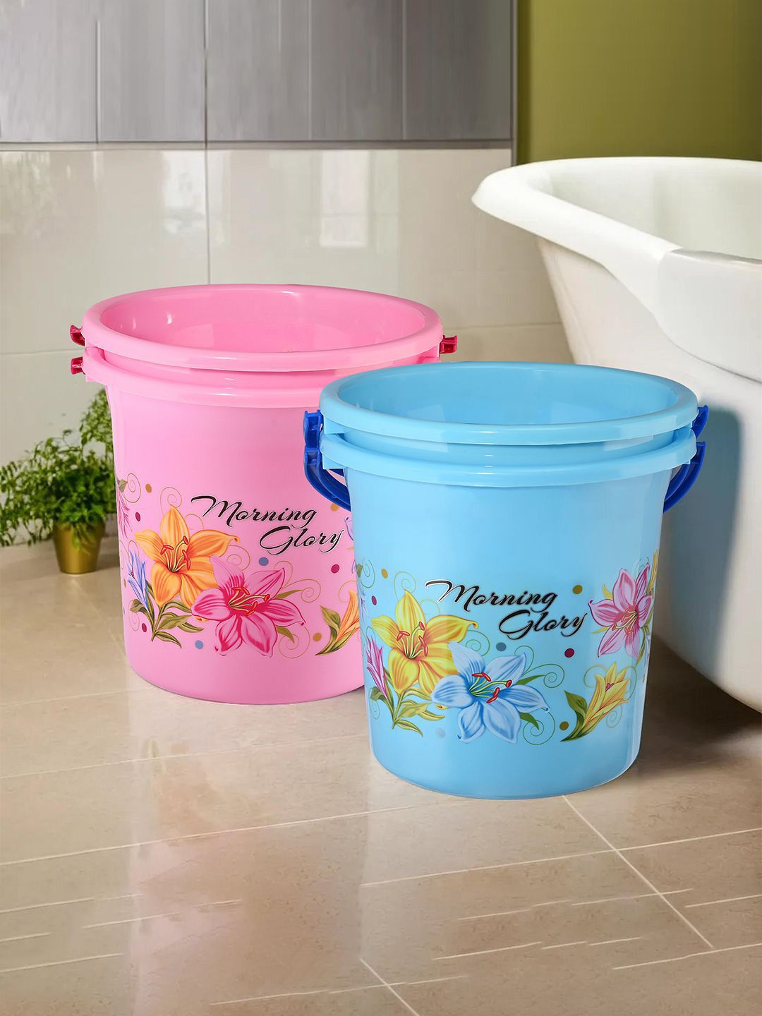 Kuber Industries Blue & Pink 4 Pieces Floral Printed Water Buckets