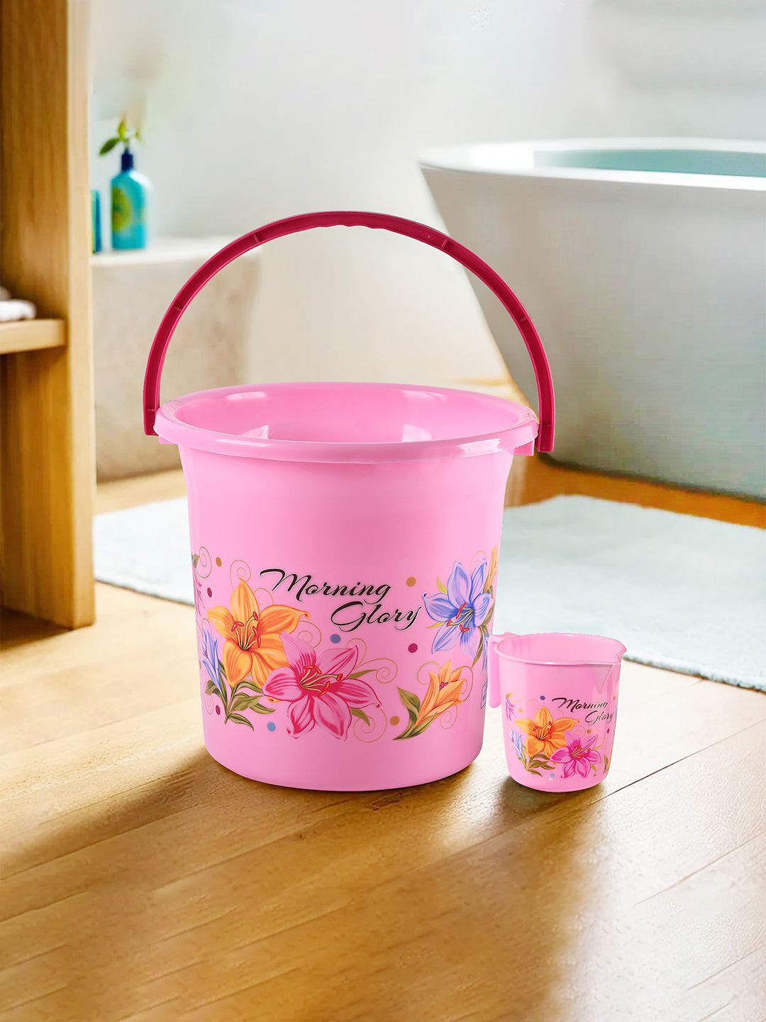 Kuber Industries Pink & Blue 2 Pieces Floral Printed Bucket With Mug