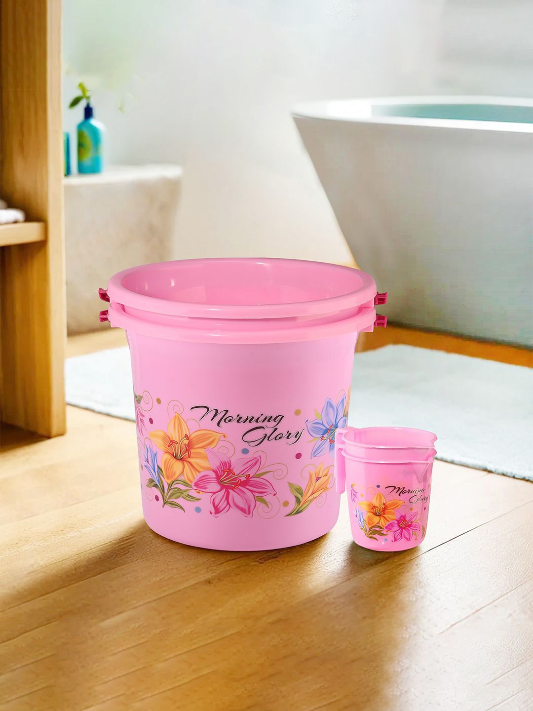 Kuber Industries Pink & Blue 4 Pieces Floral Printed Bucket With Mug