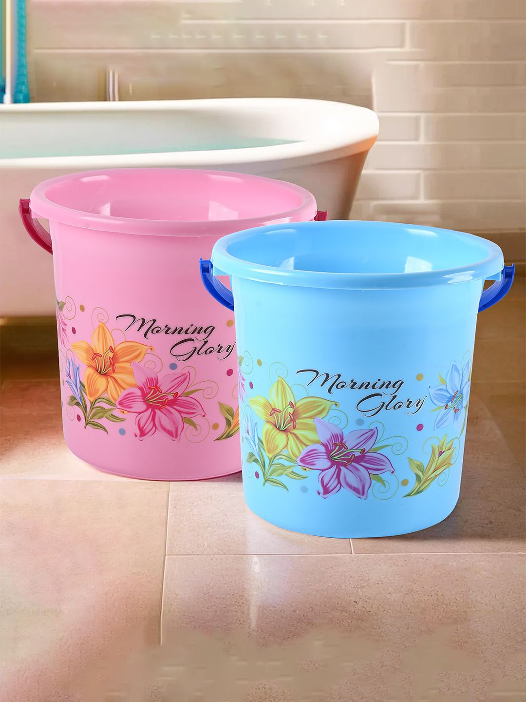 Kuber Industries Blue & Pink 2 Pieces Floral Printed Water Buckets