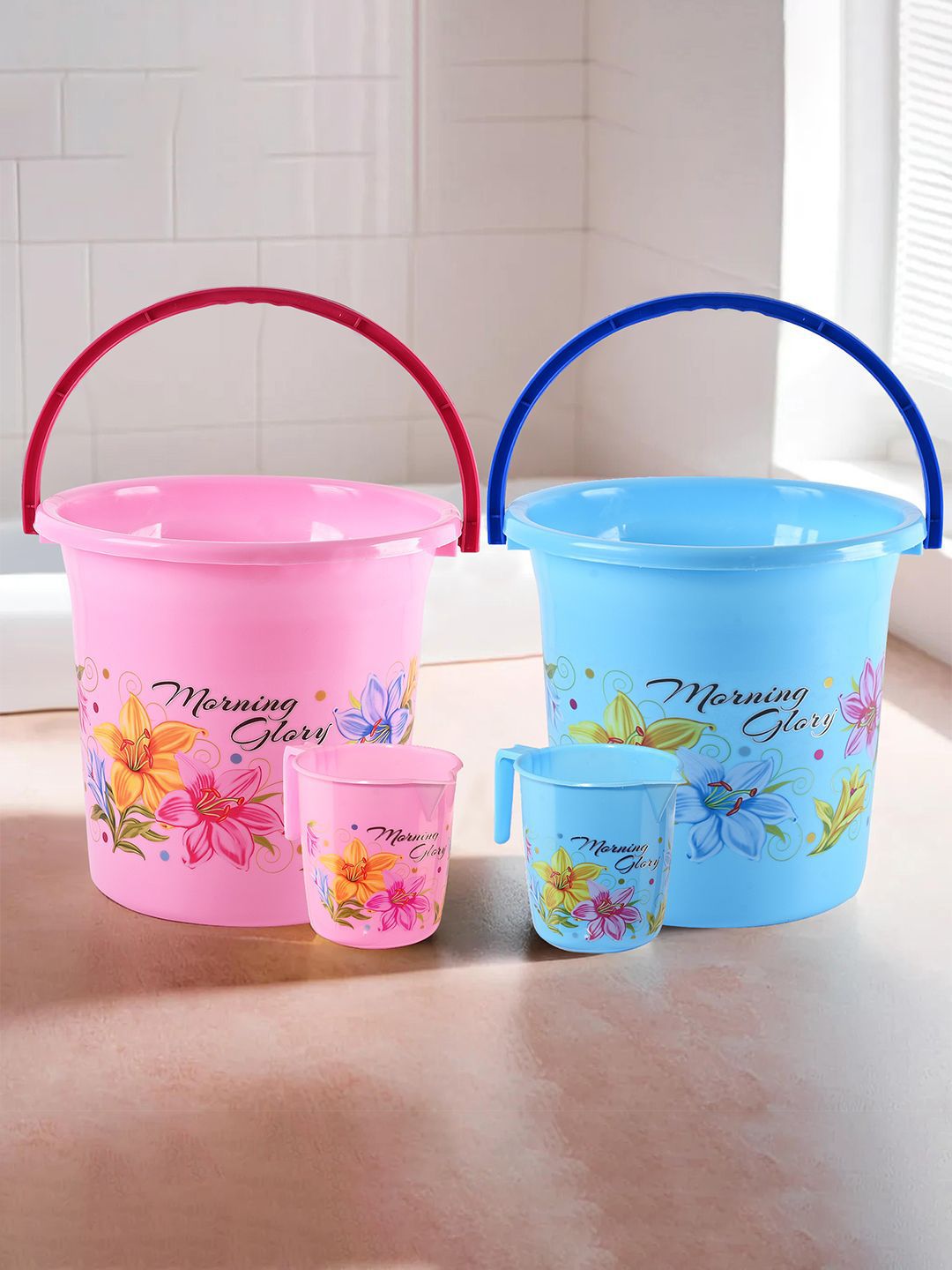Kuber Industries Pink & Blue 4 Pieces Floral Printed Buckets With Mugs