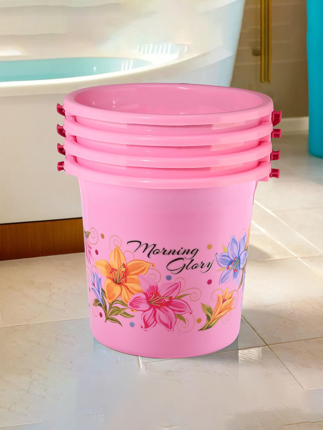 Kuber Industries Pink & Blue 4 Pieces Floral Printed Water Buckets