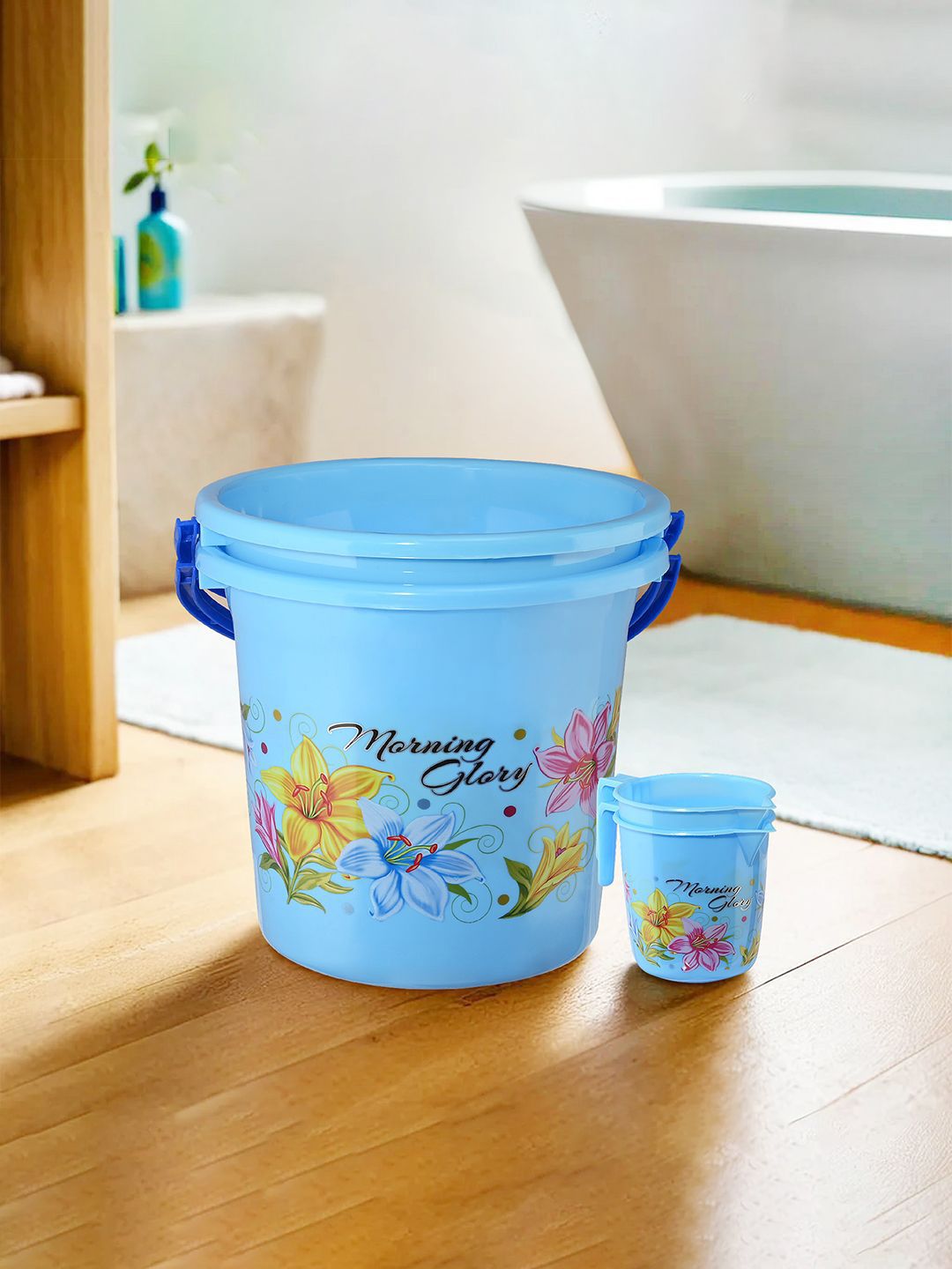Kuber Industries Blue & Green 4 Pieces Floral Printed Bucket With Mug