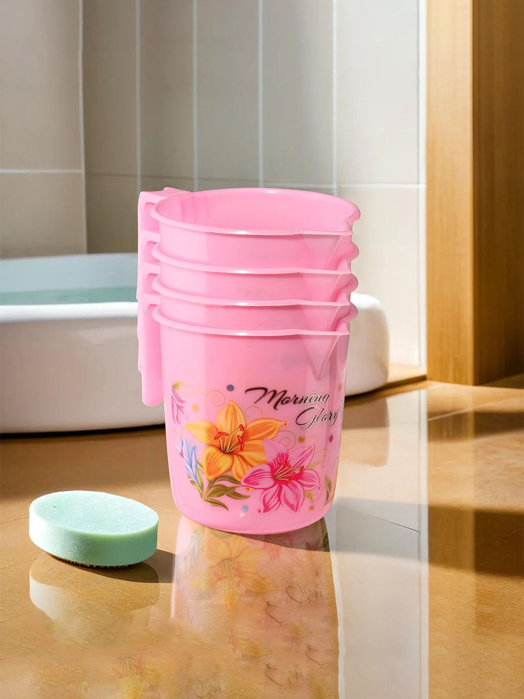 Kuber Industries Pink & Yellow 4 Pieces Floral Printed Bathroom Mugs