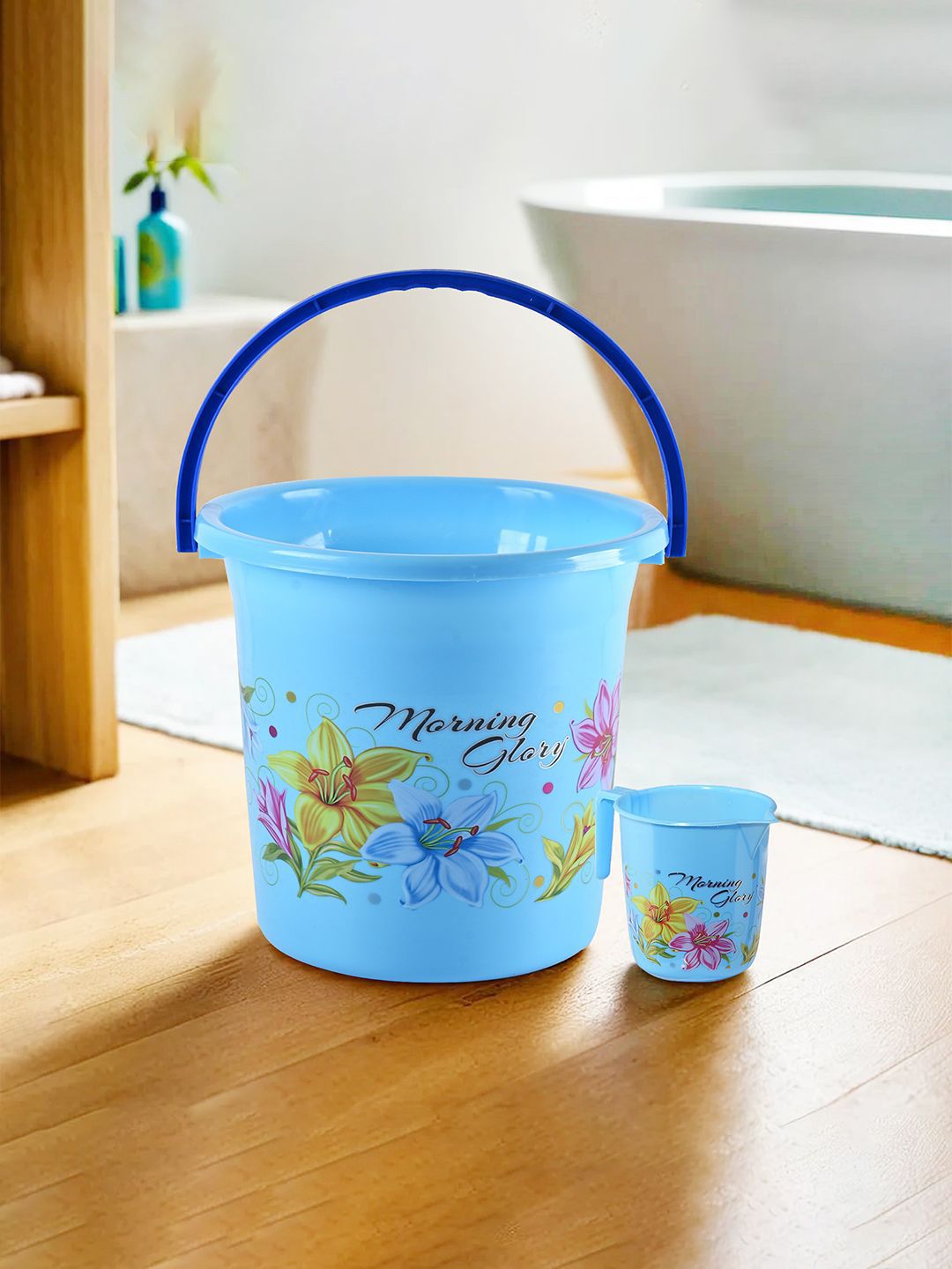 Kuber Industries Blue & Yellow 2 Pieces Floral Printed Bucket With Mug