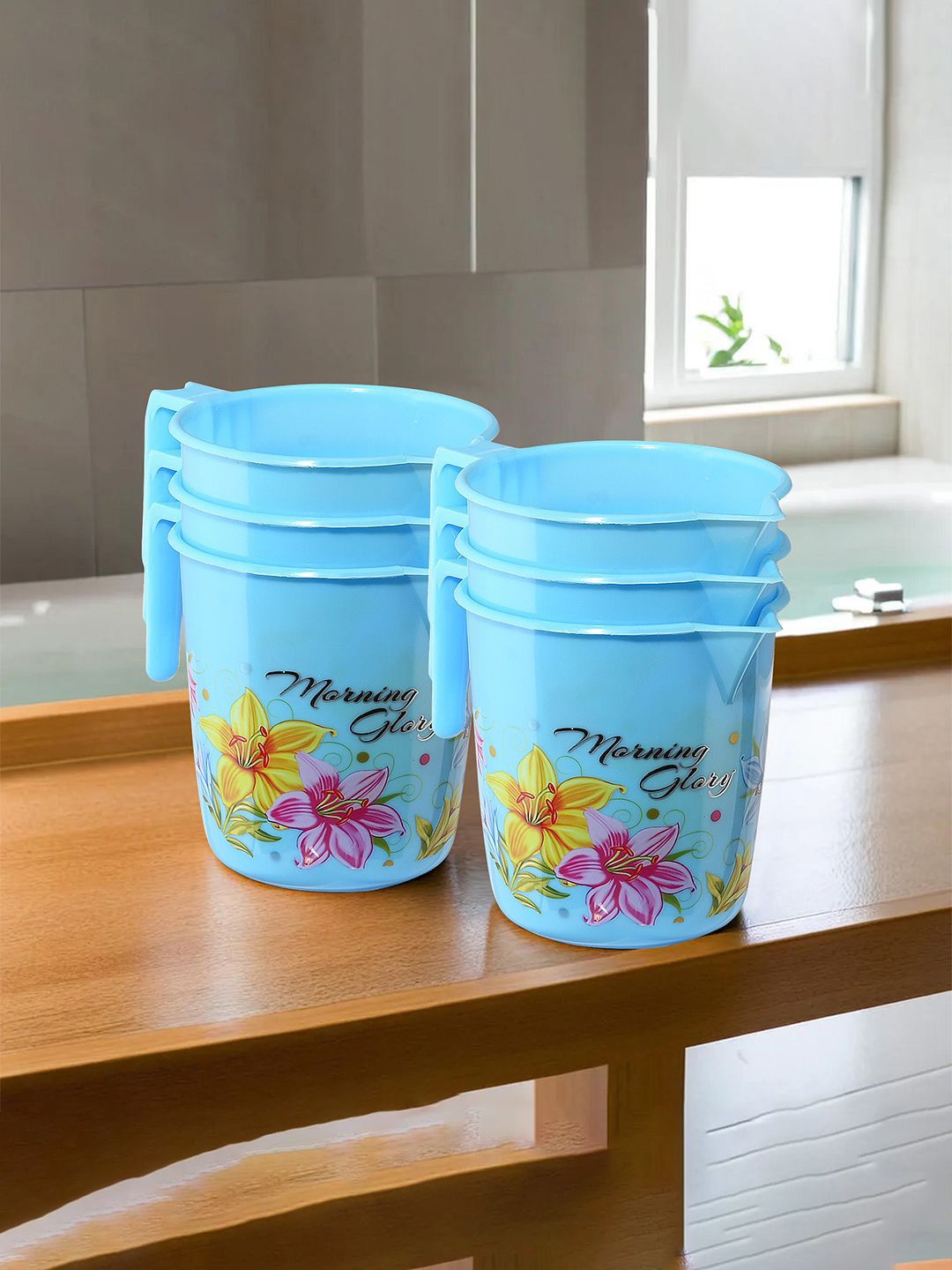 Kuber Industries Blue & Pink 6 Pieces Floral Printed Bathroom Mugs