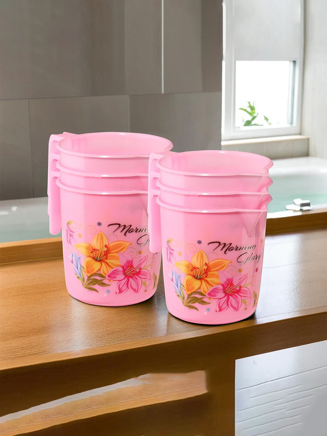 Kuber Industries Pink & Yellow 6 Pieces Floral Printed Bathroom Mugs