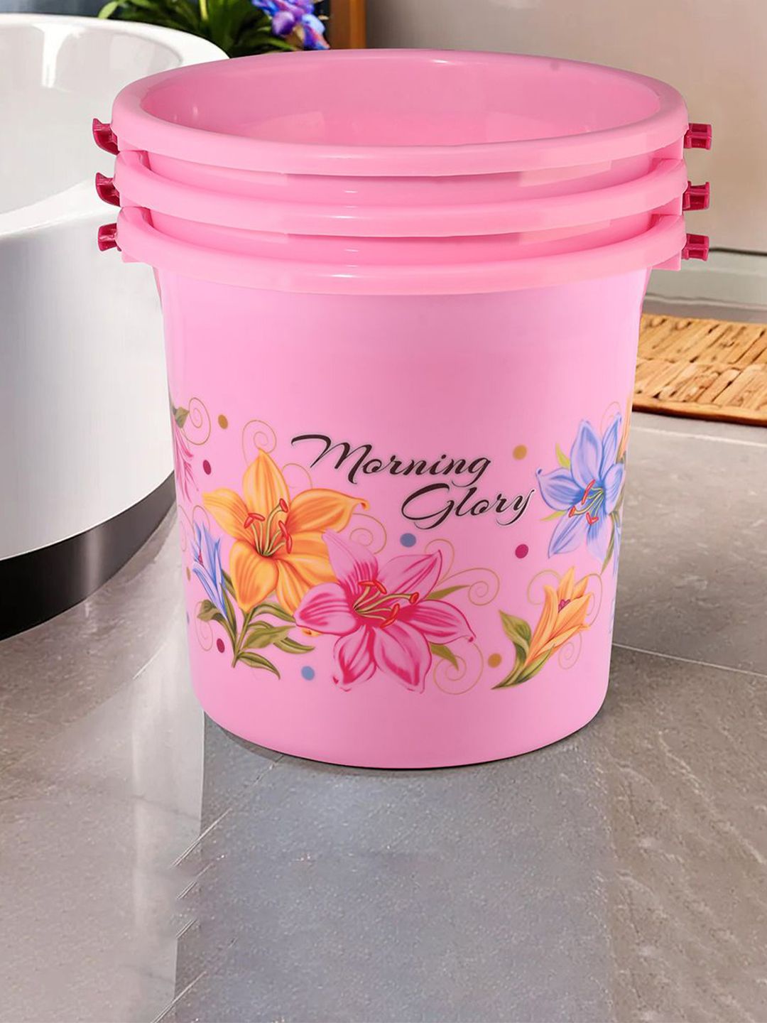 Kuber Industries Pink & Blue 3 Pieces Floral Printed Water Buckets