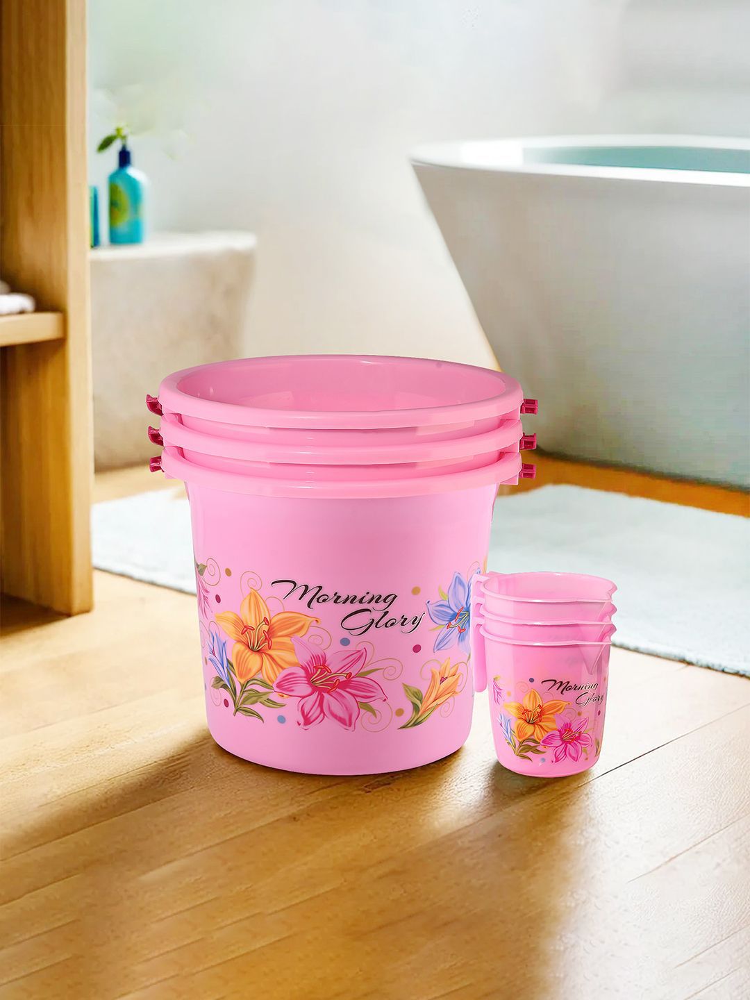 Kuber Industries Pink & Blue 6 Pieces Floral Printed Bucket With Mug