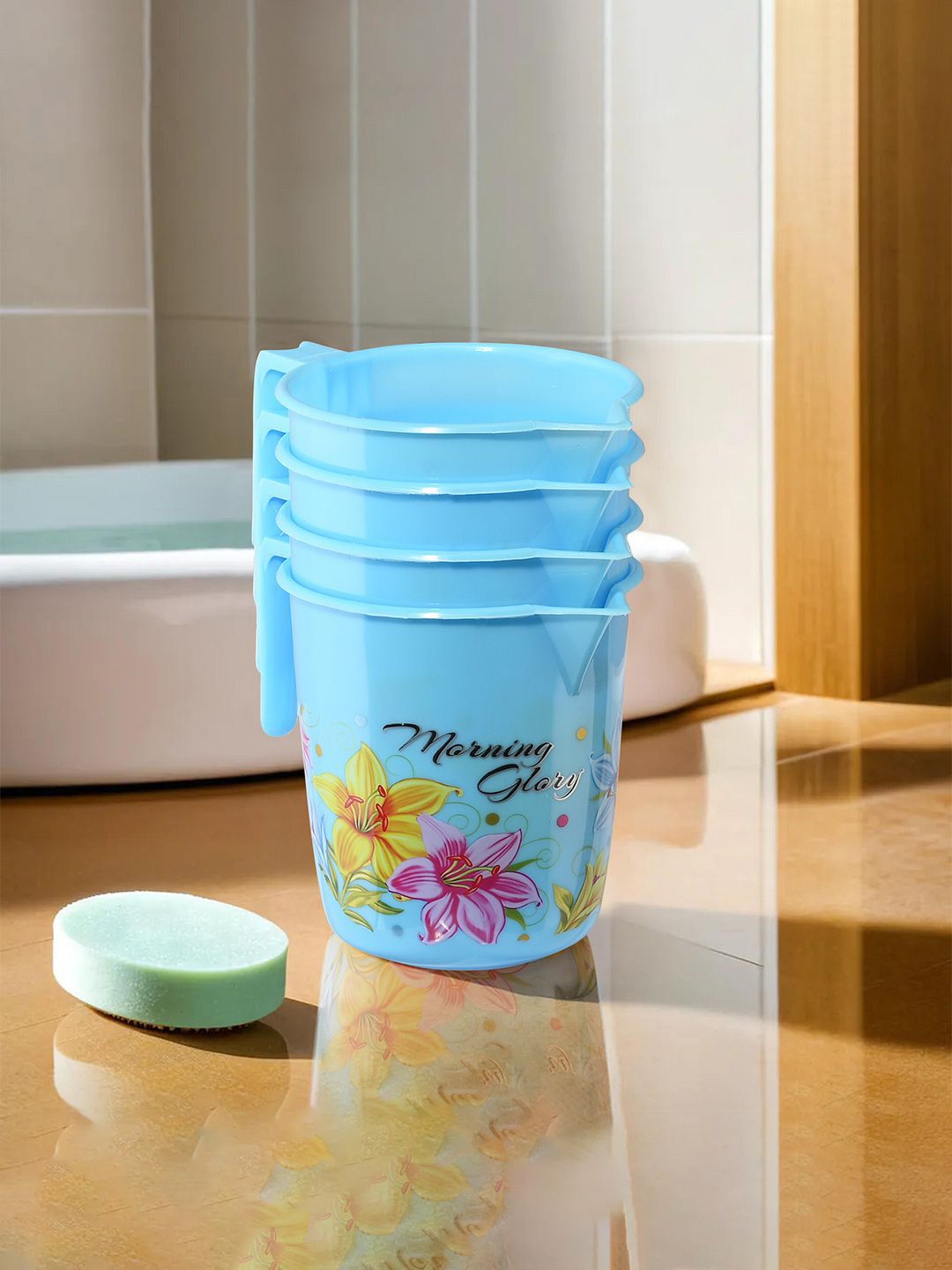 Kuber Industries Blue & Yellow 4 Pieces Floral Printed Bathroom Mugs