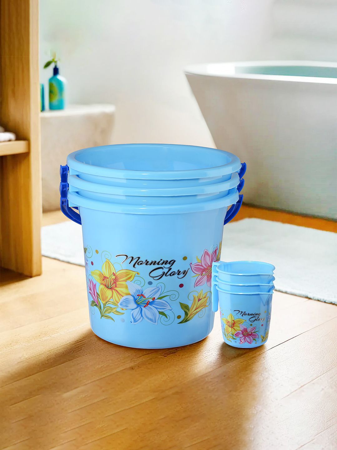 Kuber Industries Blue & Yellow 6 Pieces Floral Printed Bucket With Mugs