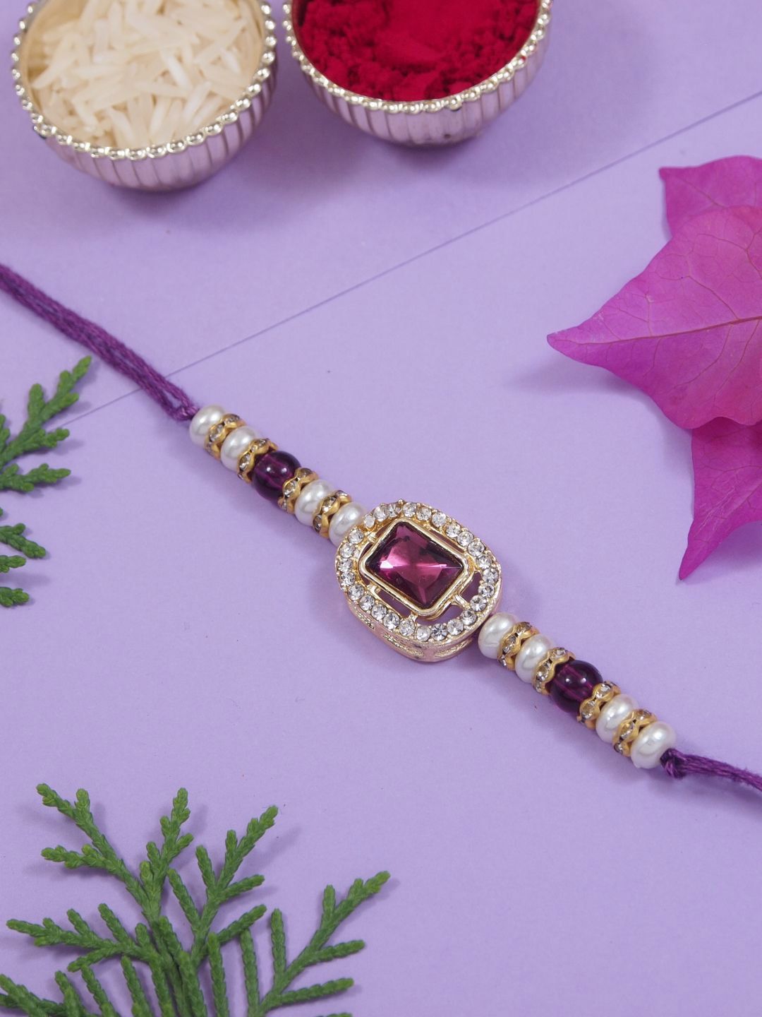 I Jewels Kundan Studded Pearl Beaded Thread Rakhi With Roli Chawal