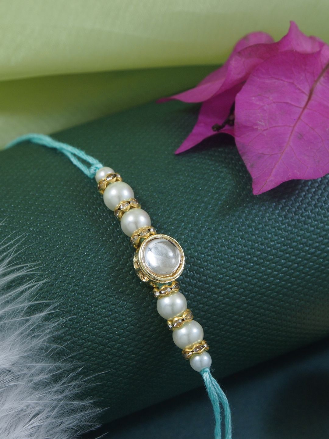 I Jewels Kundan Studded Pearl Beaded Thread Rakhi With Roli Chawal & Rakshabandhan Card