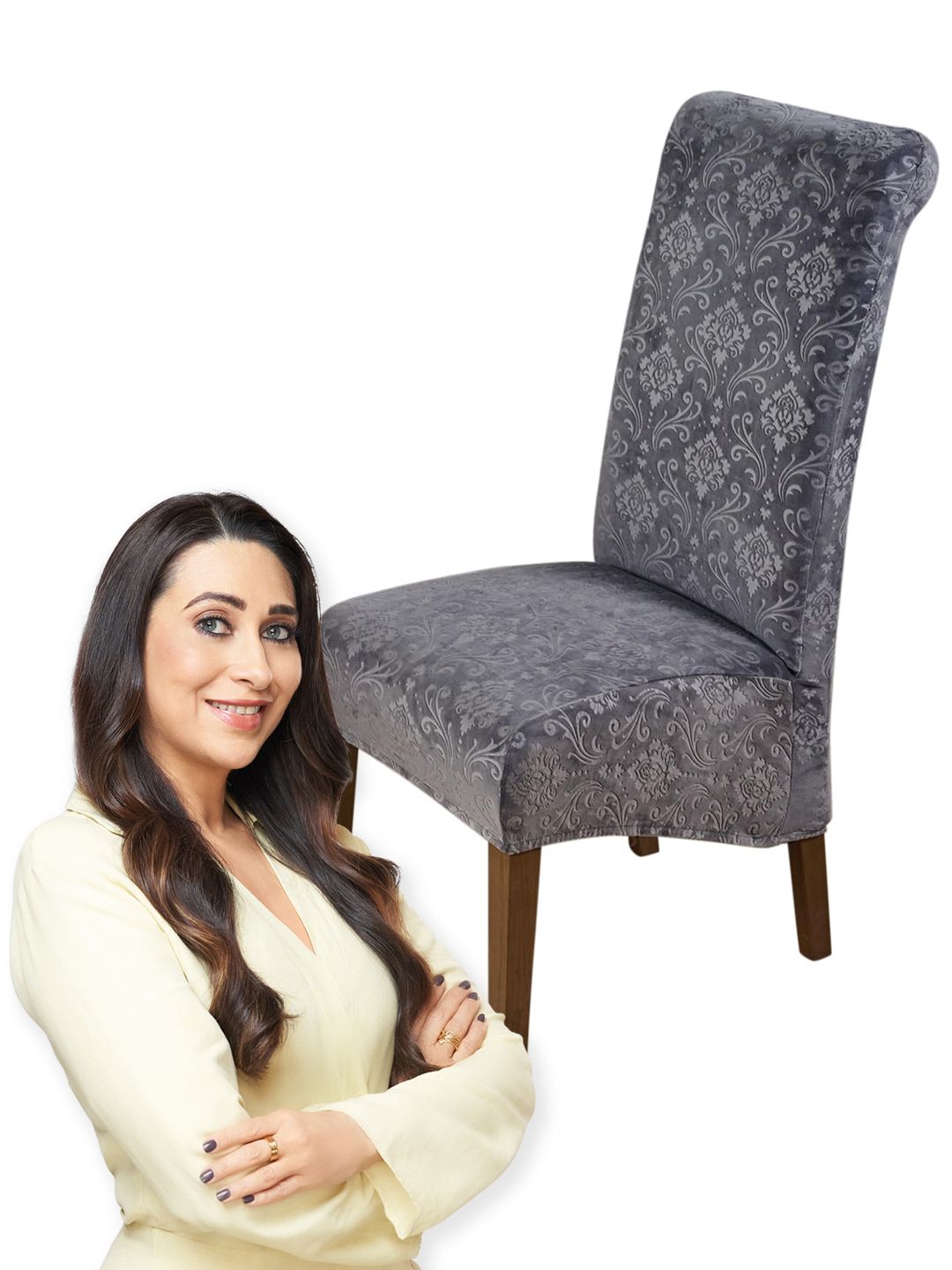 HOKIPO Grey Stretchable Velvet Long Back Chair Covers