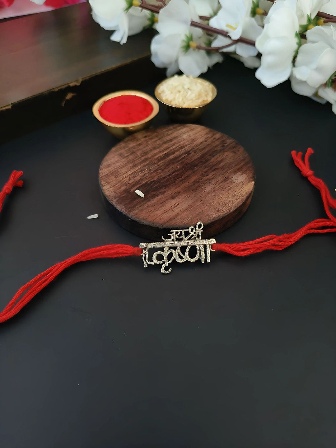 Sangria Red Silver Plated Jai Shree Krishna Thread Rakhi