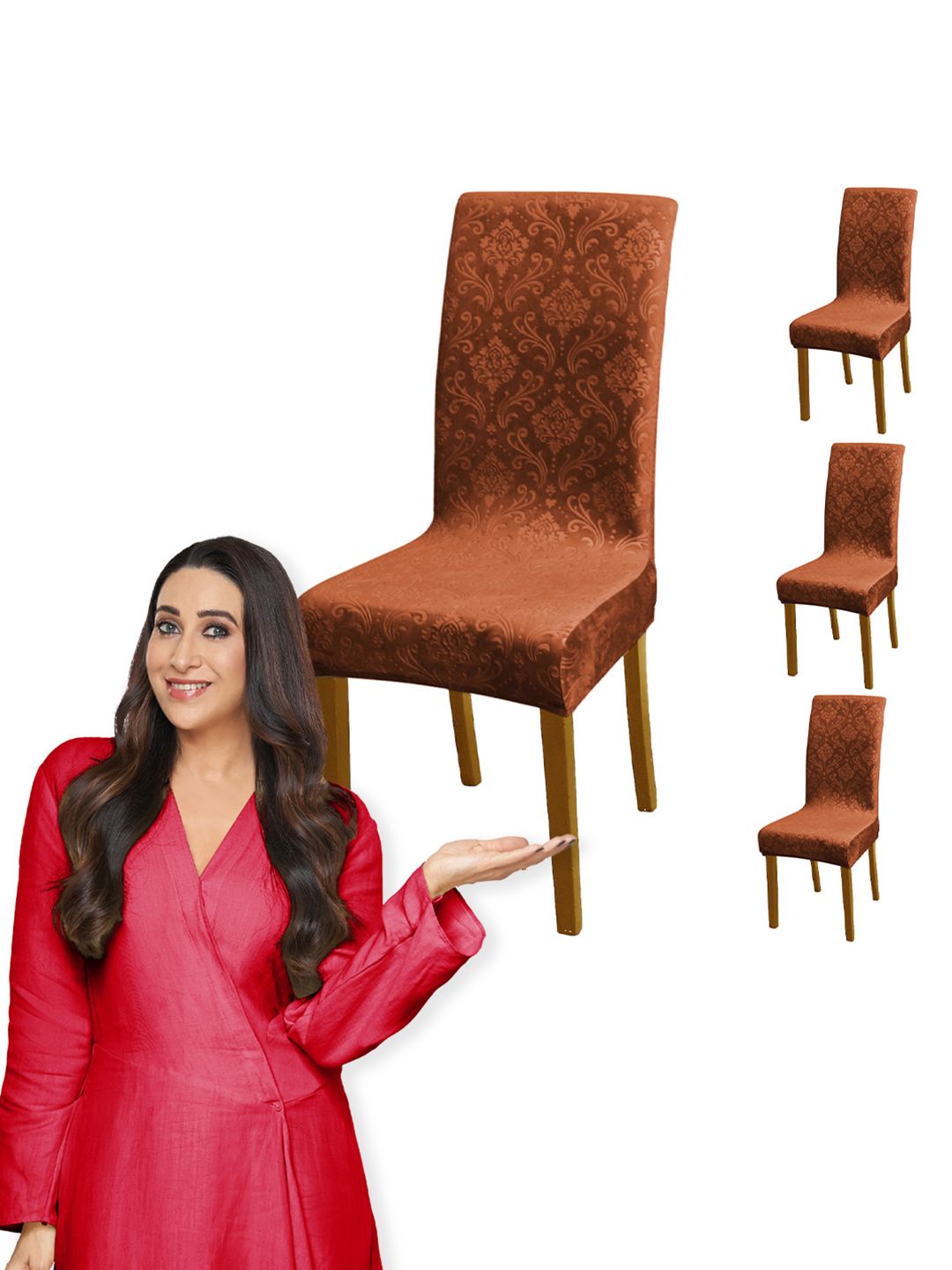 HOKIPO Brown 4 Pieces Embossed Velvet 200GSM Stretchable Chair Covers