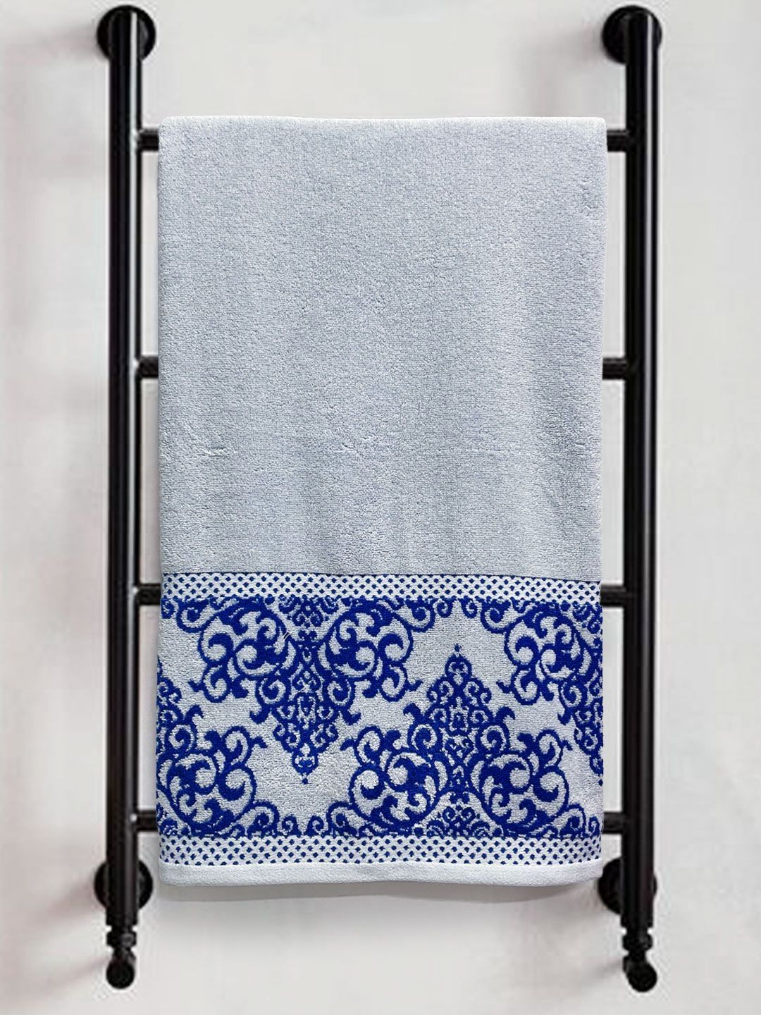 Myntra Elegant Homes Blue & Grey Printed Pure Cotton 380 GSM Bath Towel