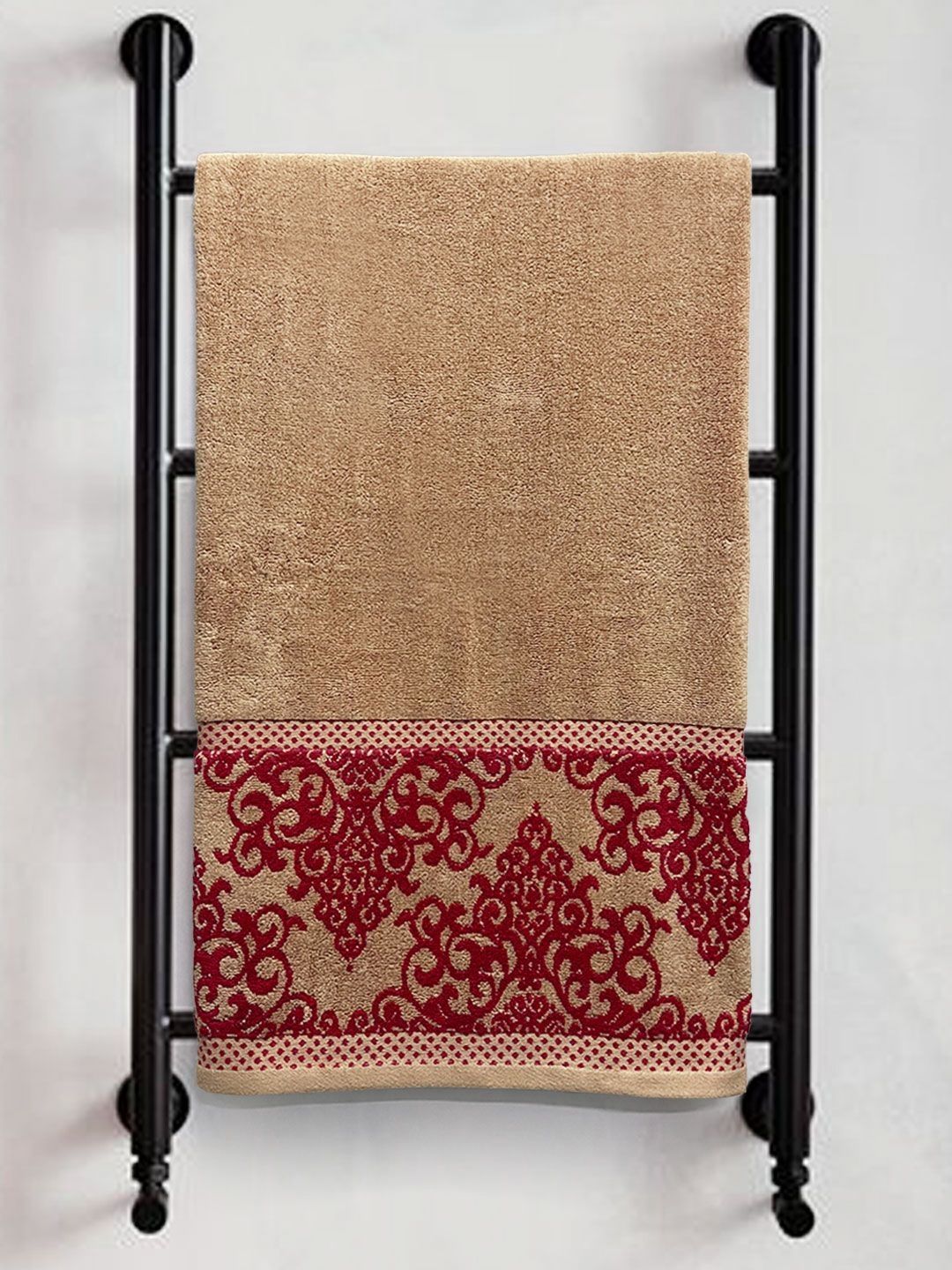 Myntra Elegant Homes Beige & Maroon Printed Pure Cotton 380 GSM Bath Towel