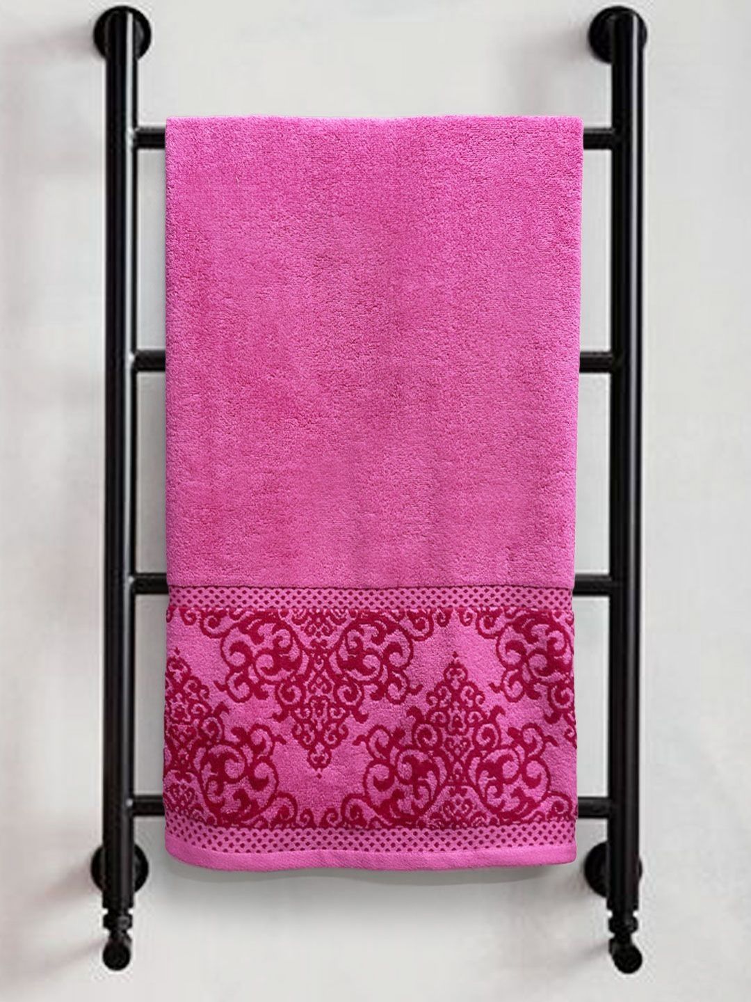 Myntra Elegant Homes Pink & Maroon Printed Pure Cotton 380 GSM Bath Towel
