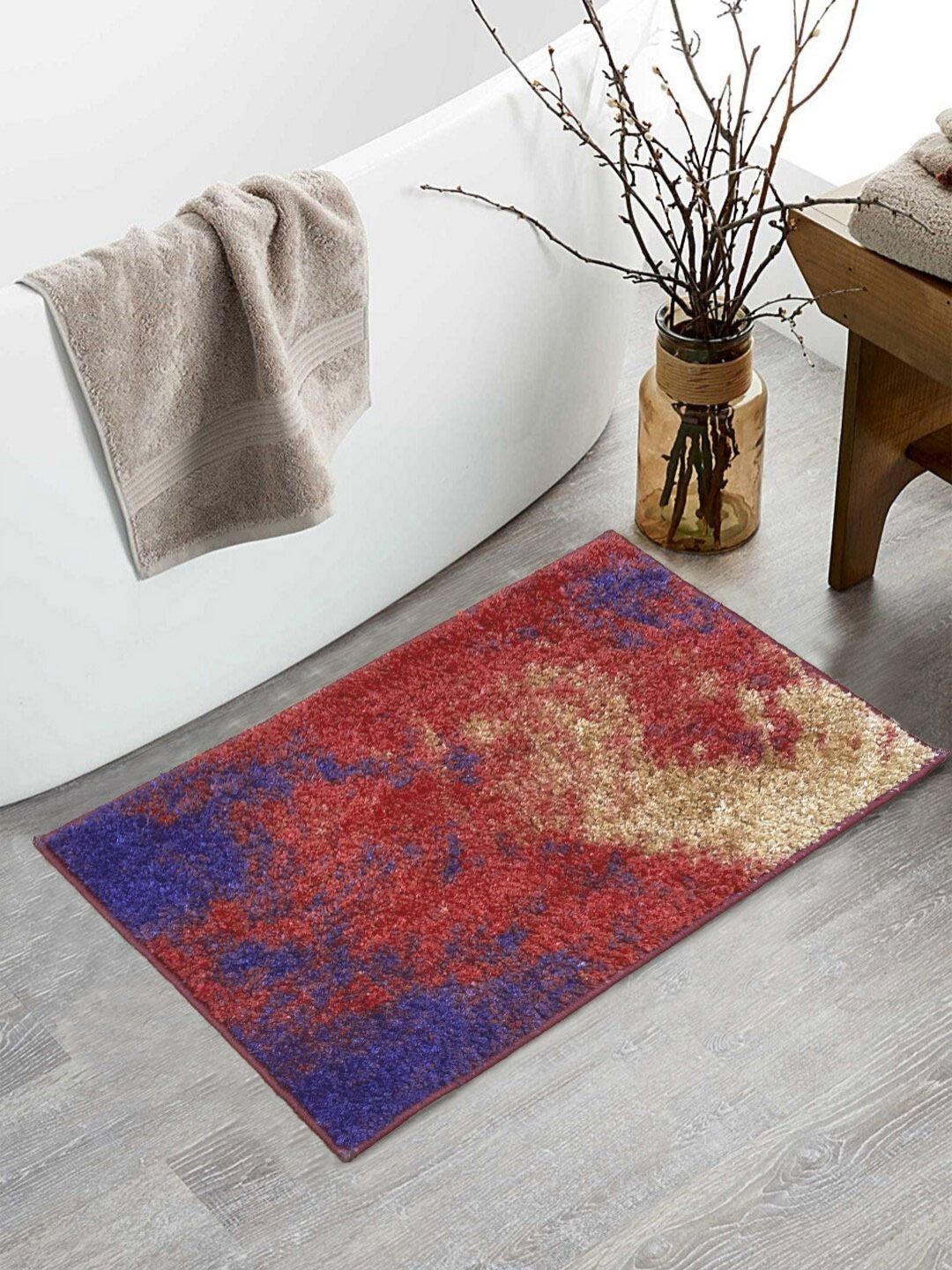 BIANCA Red & Beige Printed 1600 GSM Anti-skid Bath Rugs