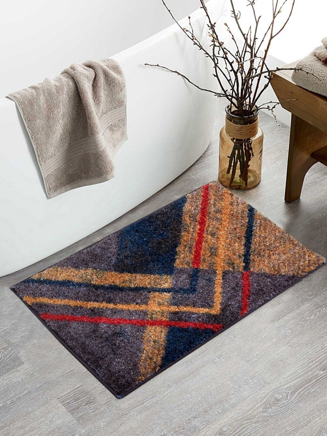 BIANCA Brown & Red Abstract Printed 1600 GSM Anti Skid Bath Rug
