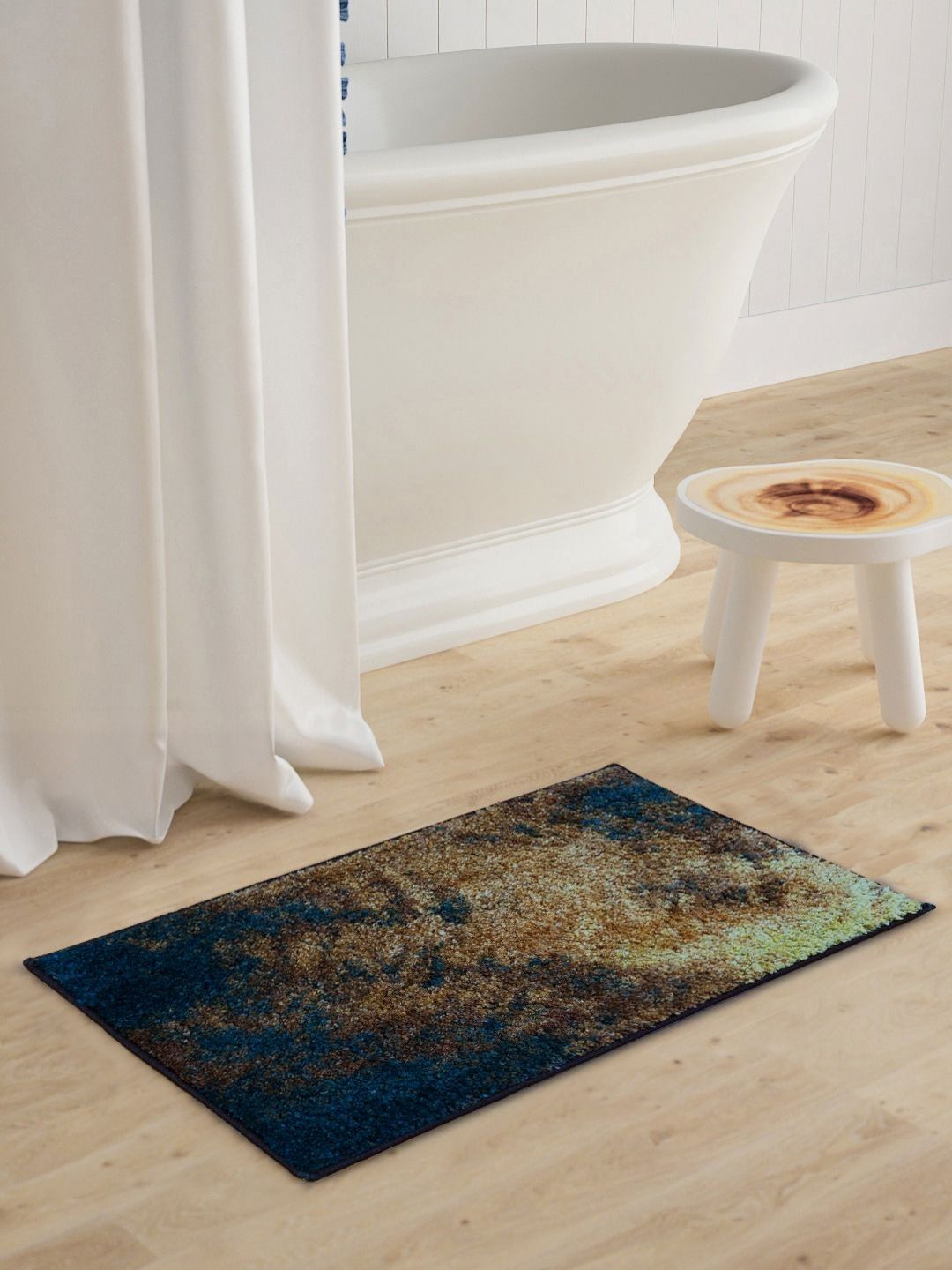 BIANCA Blue & Beige Abstract Printed 1600 GSM Anti Skid Bath Rug