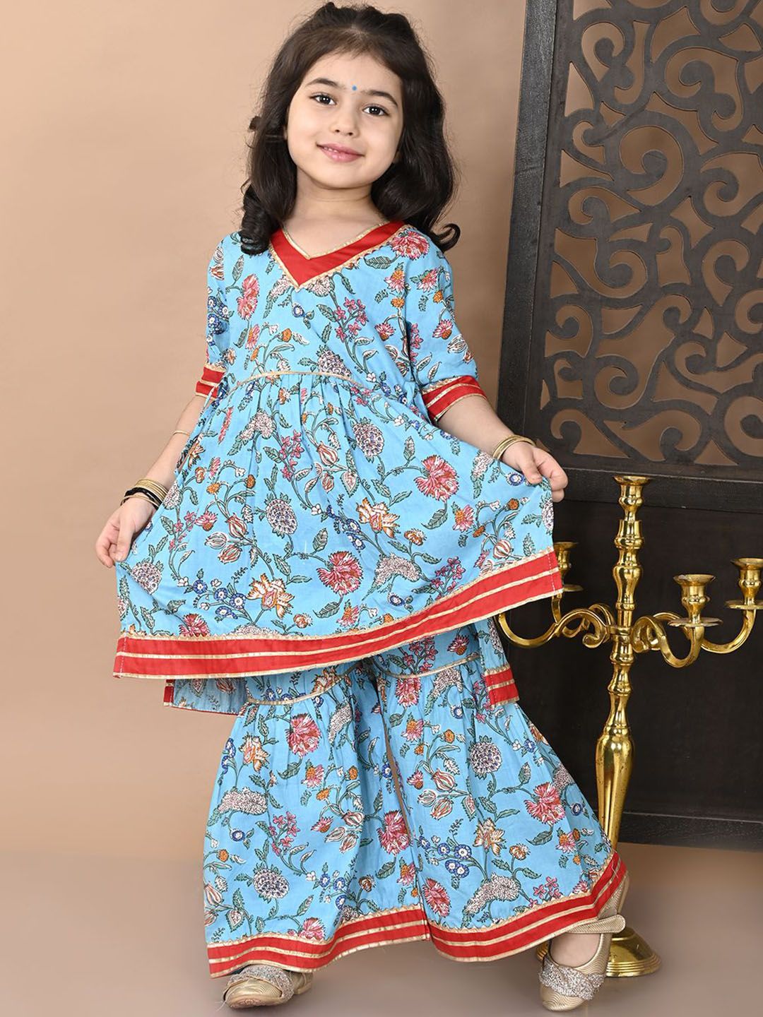 Superminis Girls Floral Printed Regular Gotta Patti Pure Cotton A-Line Kurti with Sharara