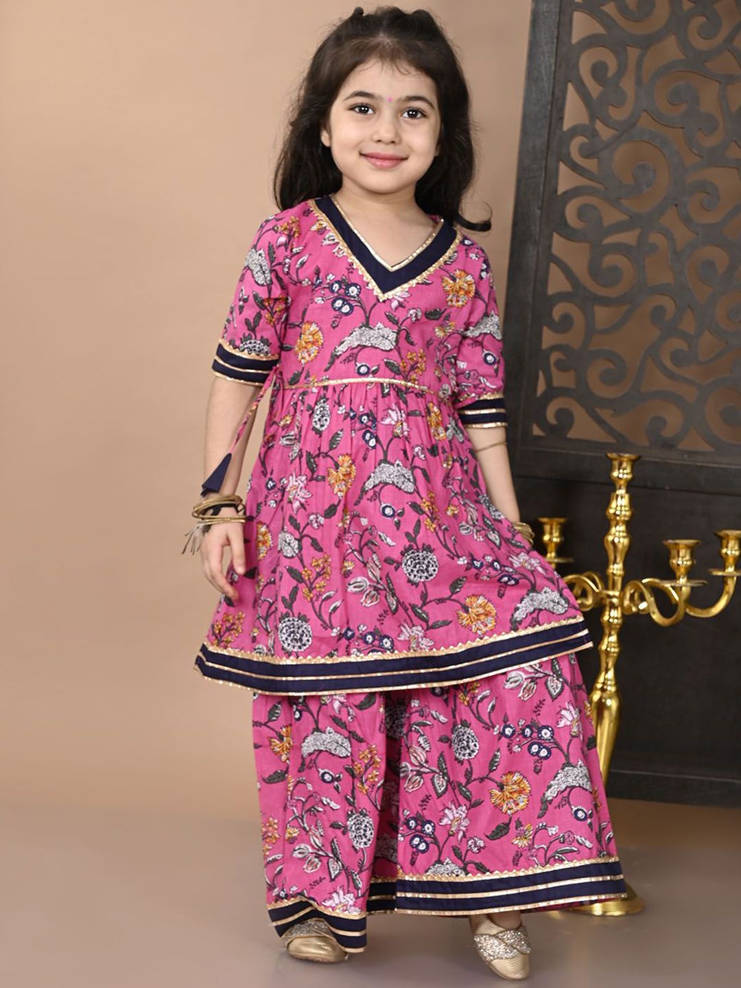 Superminis Girls Floral Printed Regular Gotta Patti Pure Cotton A-Line Kurti with Sharara