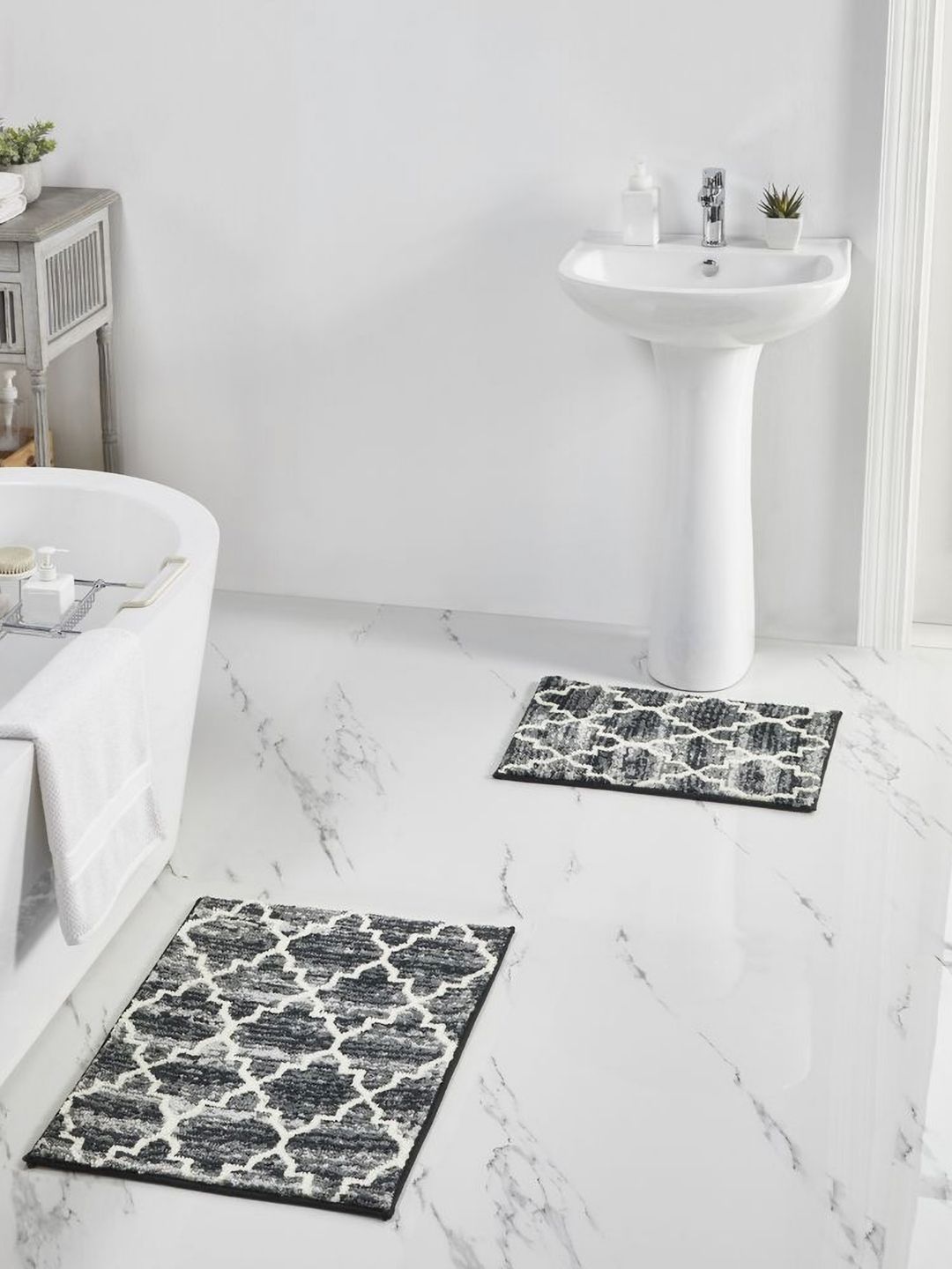 Pano Grey & White Patterned Microfiber 2000 GSM Anti-Skid Bath Rugs