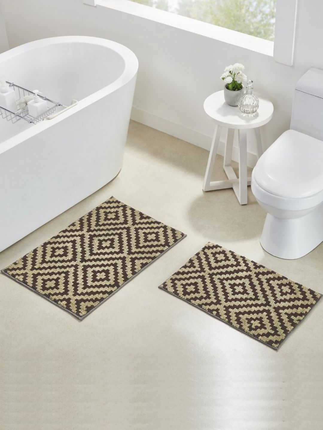 Pano Beige & Brown Geometric 2000 GSM Anti-Skid Bath Rugs