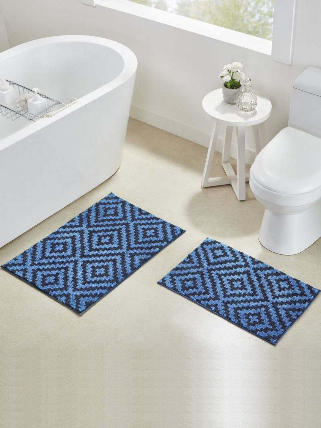 Pano Blue & Navy Blue Diamond Knitted 2000 GSM Microfibre Anti-Skid Bath Rug