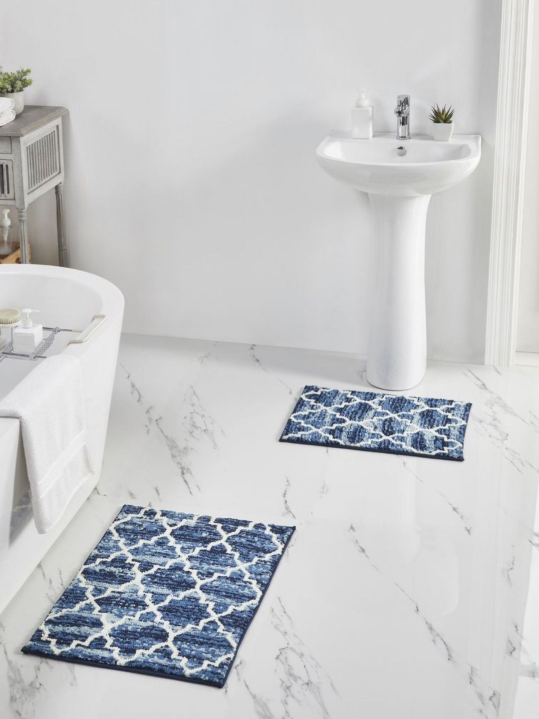 Pano Blue & White Geometric 2000 GSM Anti-Skid Bath Rugs